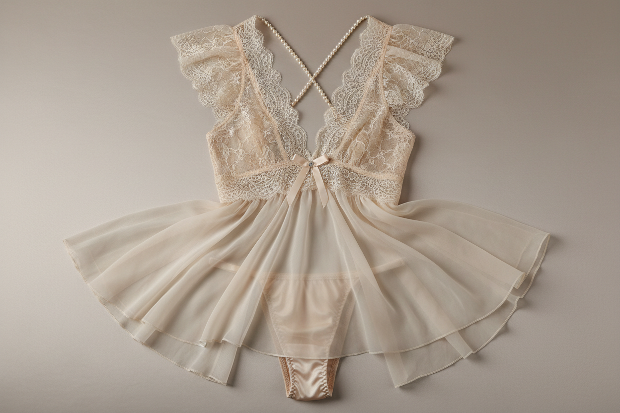 Sheer Lace Babydoll Teddy – Nude Beige