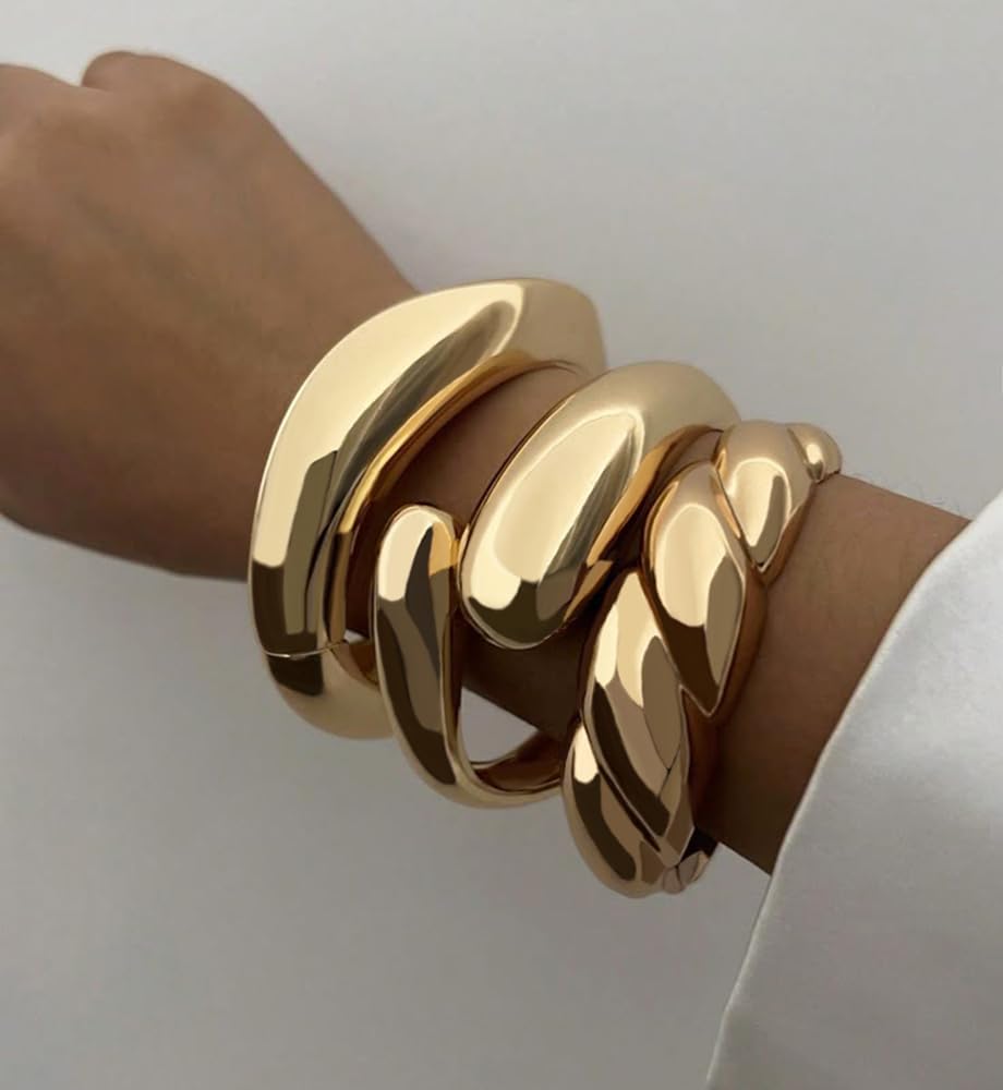 Chunky Gold Bangle Bracelets for Women, Dainty 14k Gold Plated Big Stackable Bangles Set, Trendy Statement Cuff Bracelet Stack Fashion Jewelry Gifts