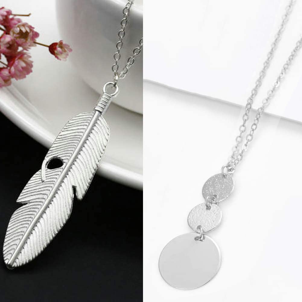 Long Necklaces for Women - Fashion Pendant Necklace Jewelry, Silver Bar Feather Circle Leaf Lock Tassel Y Necklace Jewelry Set for Girls