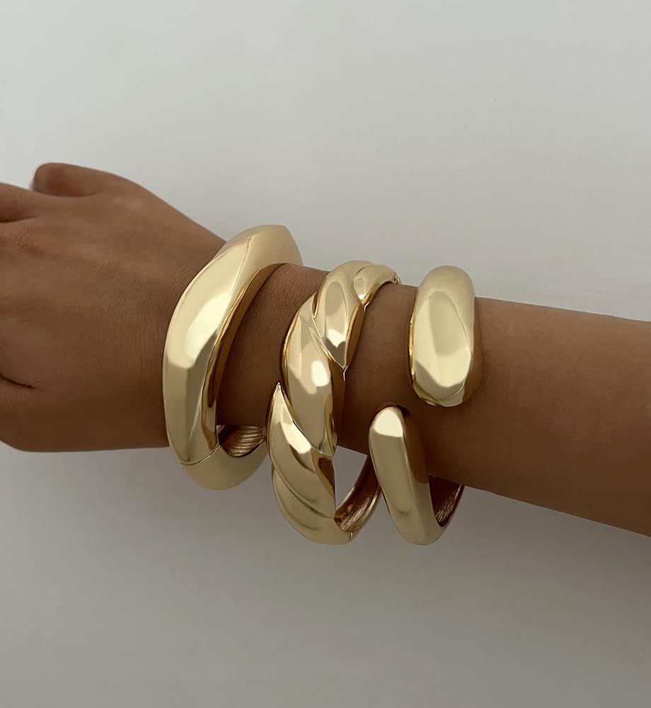 Chunky Gold Bangle Bracelets for Women, Dainty 14k Gold Plated Big Stackable Bangles Set, Trendy Statement Cuff Bracelet Stack Fashion Jewelry Gifts
