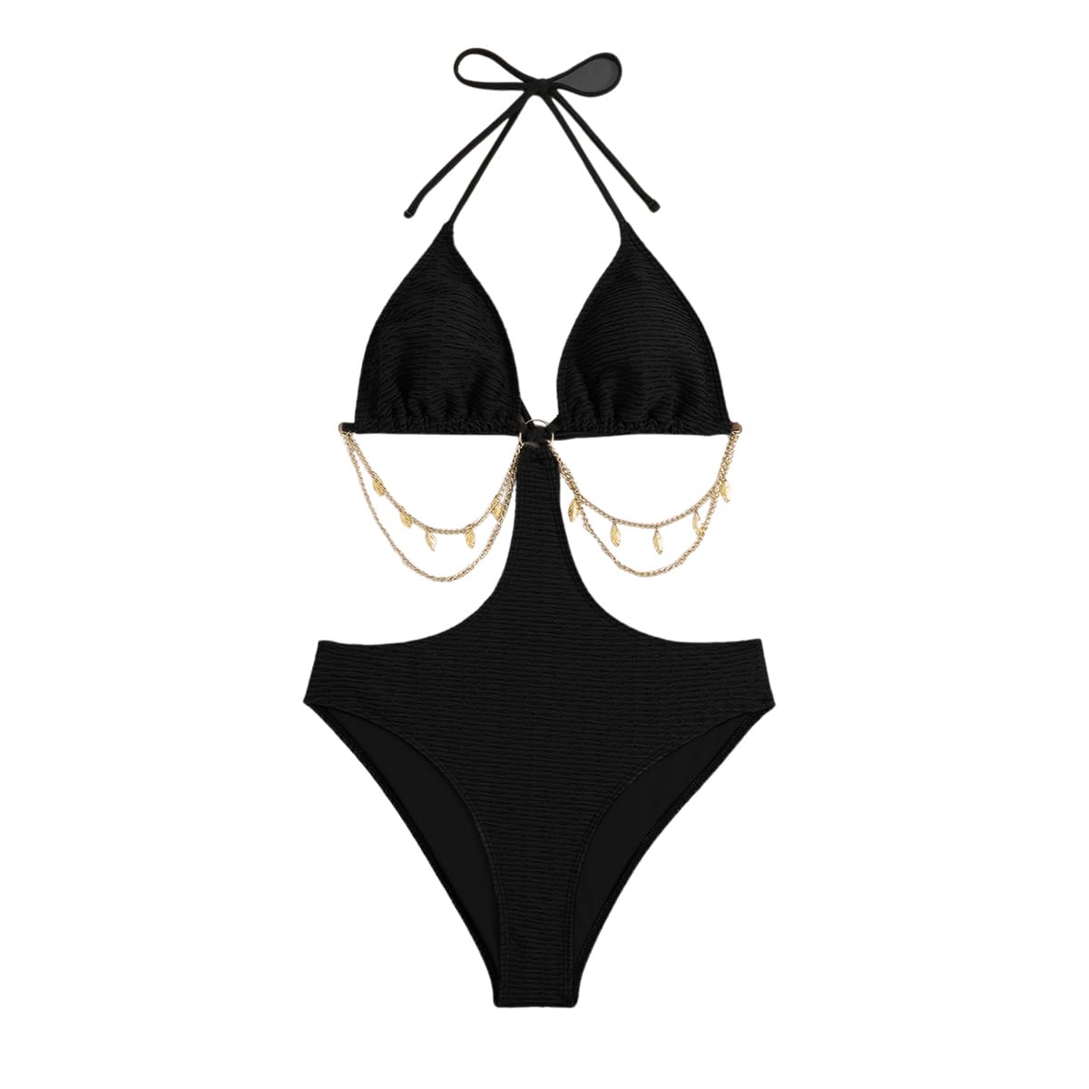 OYOANGLE Women's Chain Linked Cut Out Halter One Piece Swimsuit Tummy Control Bathing Suit