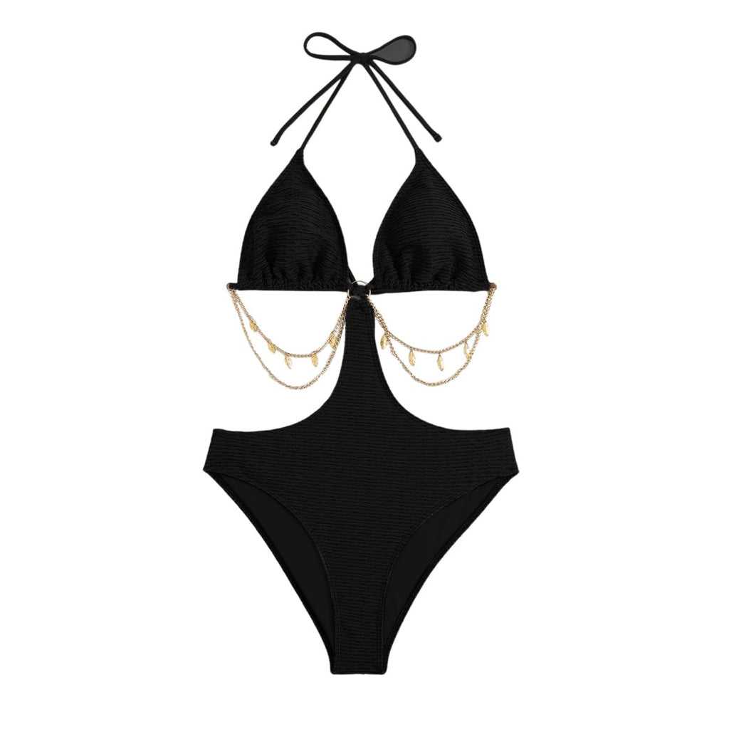 OYOANGLE Women's Chain Linked Cut Out Halter One Piece Swimsuit Tummy Control Bathing Suit