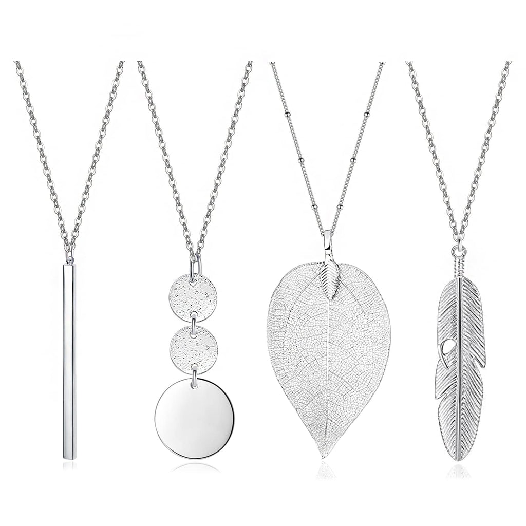 Long Necklaces for Women - Fashion Pendant Necklace Jewelry, Silver Bar Feather Circle Leaf Lock Tassel Y Necklace Jewelry Set for Girls