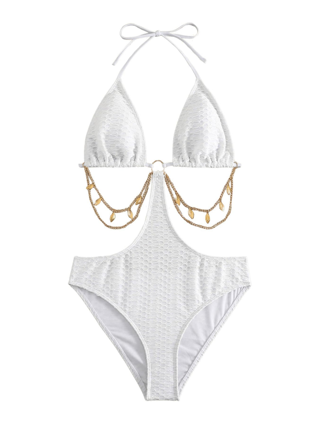 OYOANGLE Women's Chain Linked Cut Out Halter One Piece Swimsuit Tummy Control Bathing Suit