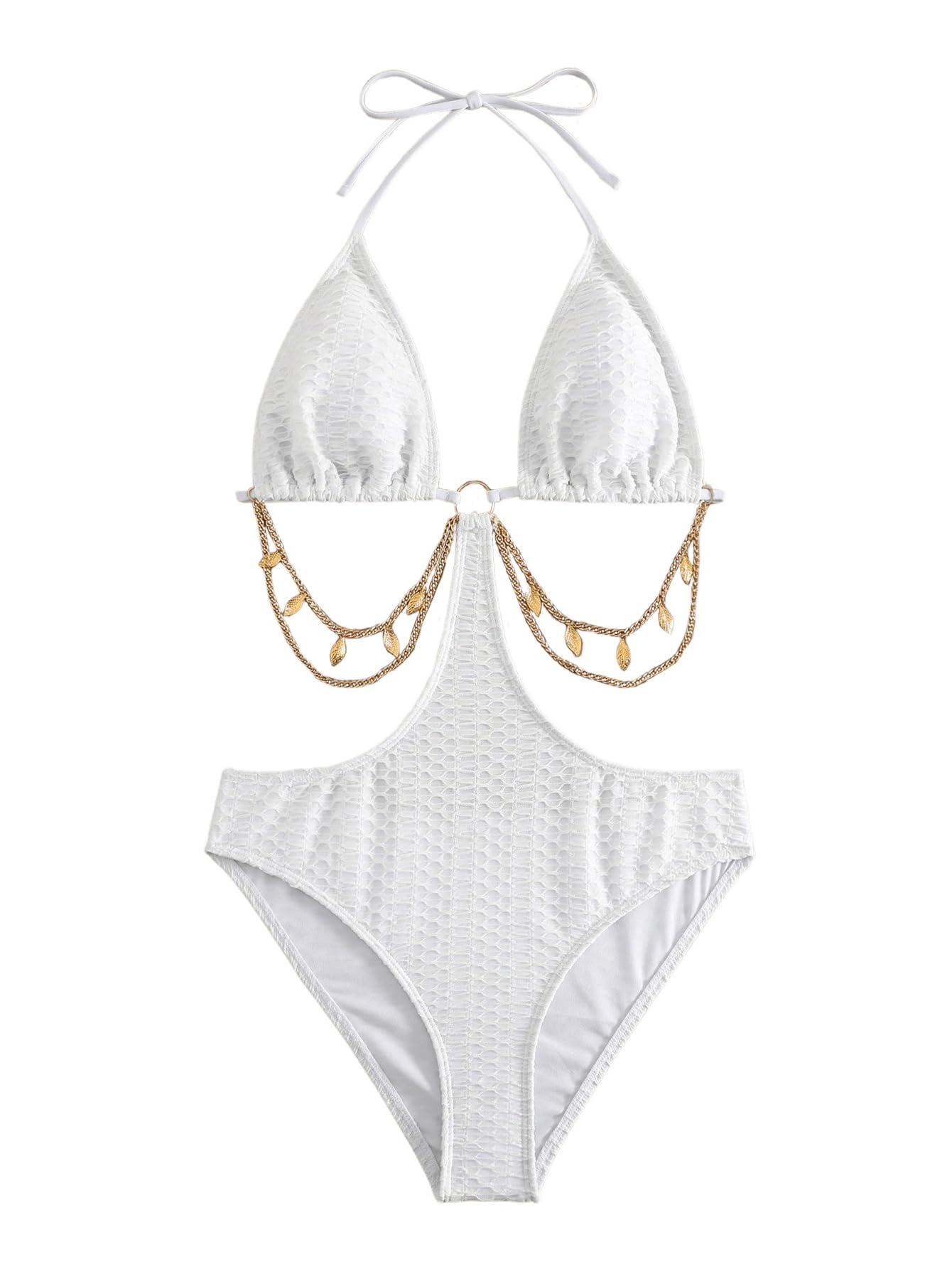 OYOANGLE Women's Chain Linked Cut Out Halter One Piece Swimsuit Tummy Control Bathing Suit