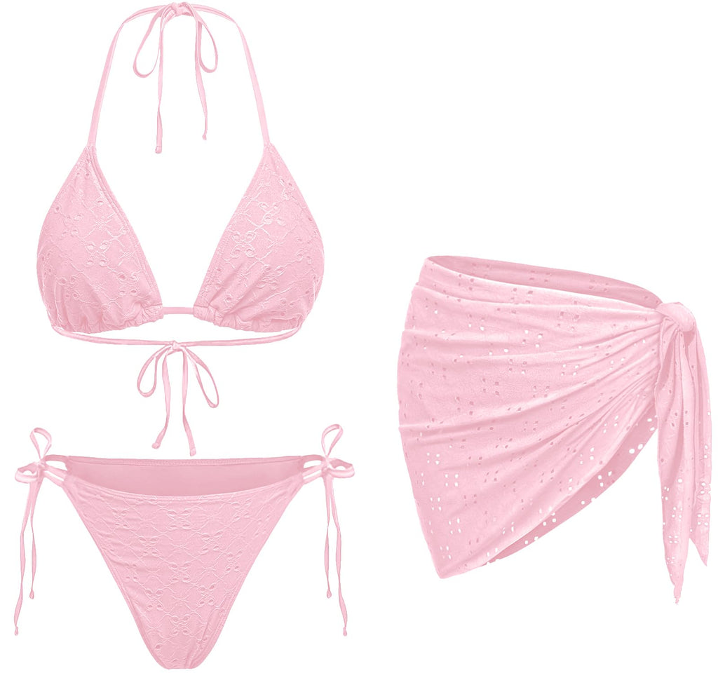 Women 3 Piece Swimsuits - Sexy Triangle Bikini Sets with Cover Up Halter String Tie Side Bathing Suits