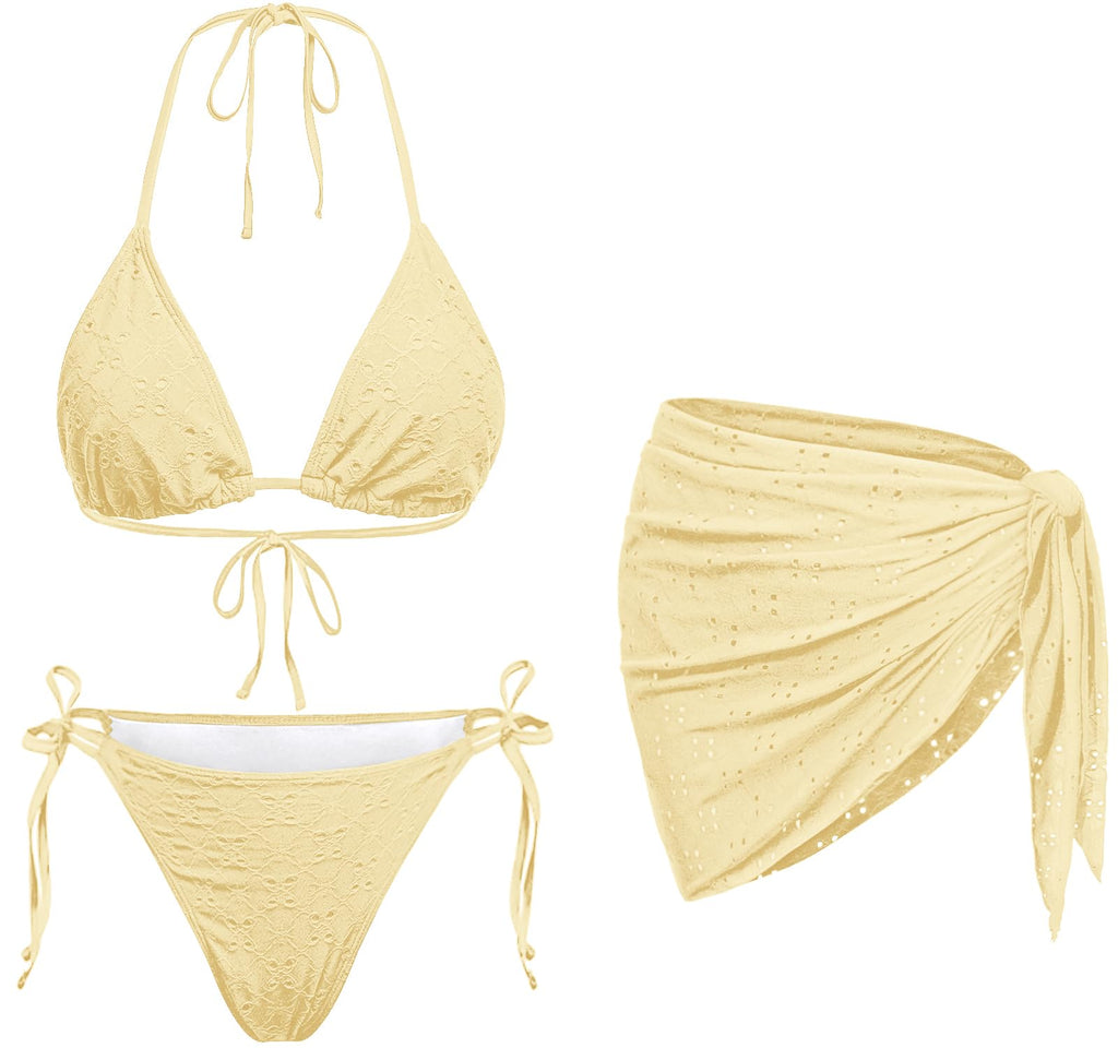 Women 3 Piece Swimsuits - Sexy Triangle Bikini Sets with Cover Up Halter String Tie Side Bathing Suits