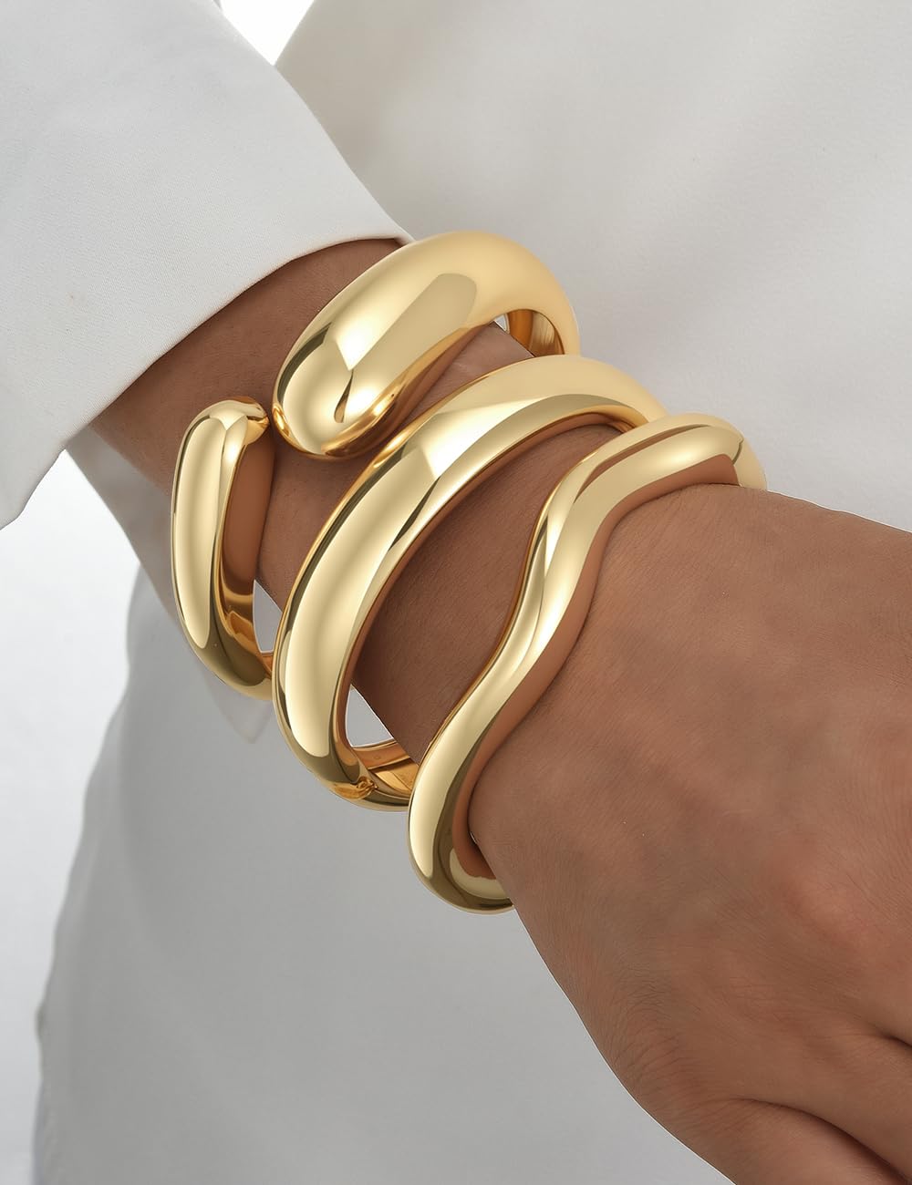 Chunky Gold Bangle Bracelets for Women, Dainty 14k Gold Plated Big Stackable Bangles Set, Trendy Statement Cuff Bracelet Stack Fashion Jewelry Gifts