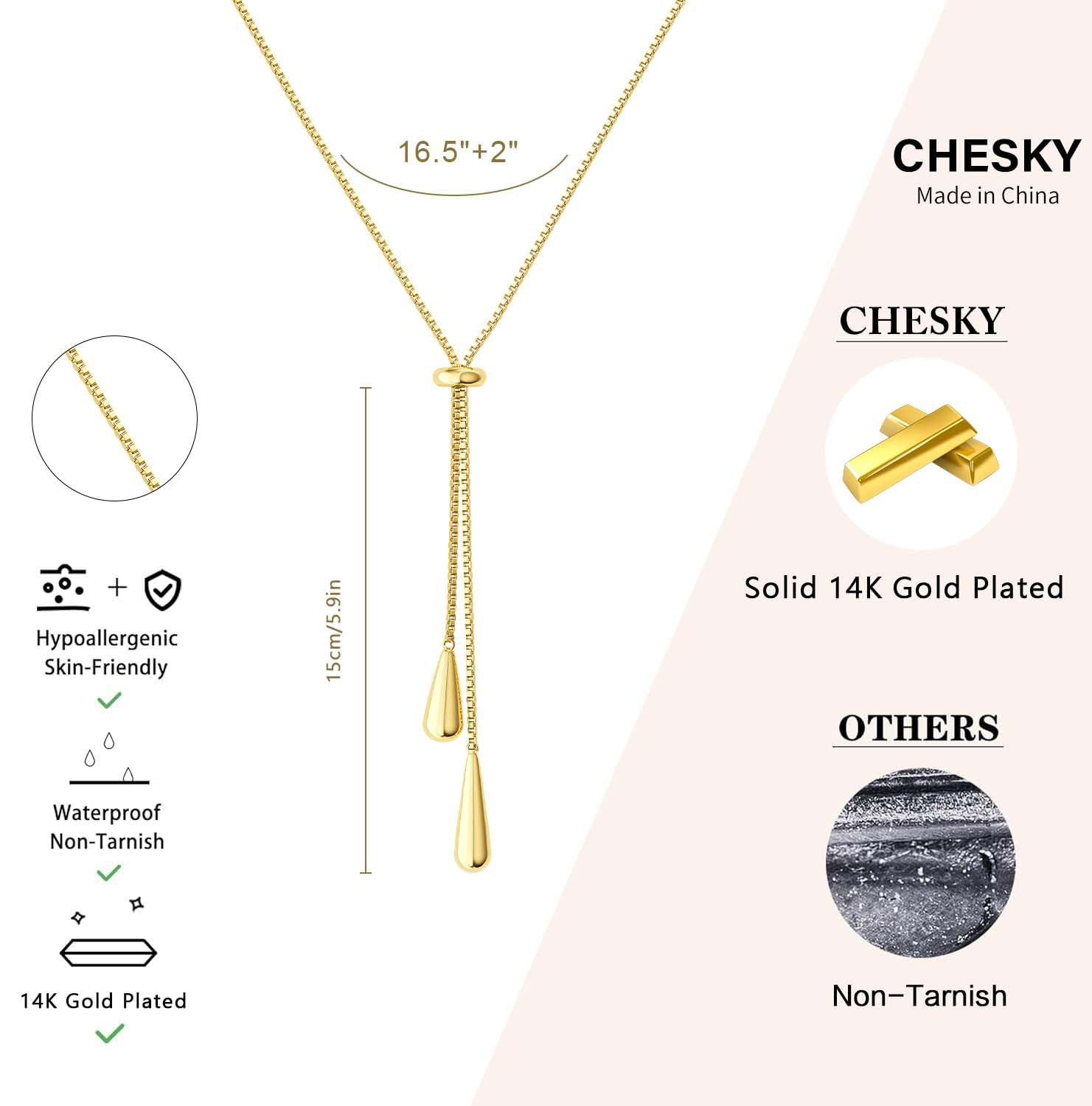CHESKY Lariat Gold Necklace for Women, Dainty Long Necklace 14k Gold Plated Y-Shaped Pendant Necklace Trendy Layered CZ Beaded Chain Drop Necklaces Simple Gold Jewelry for Women Gifts