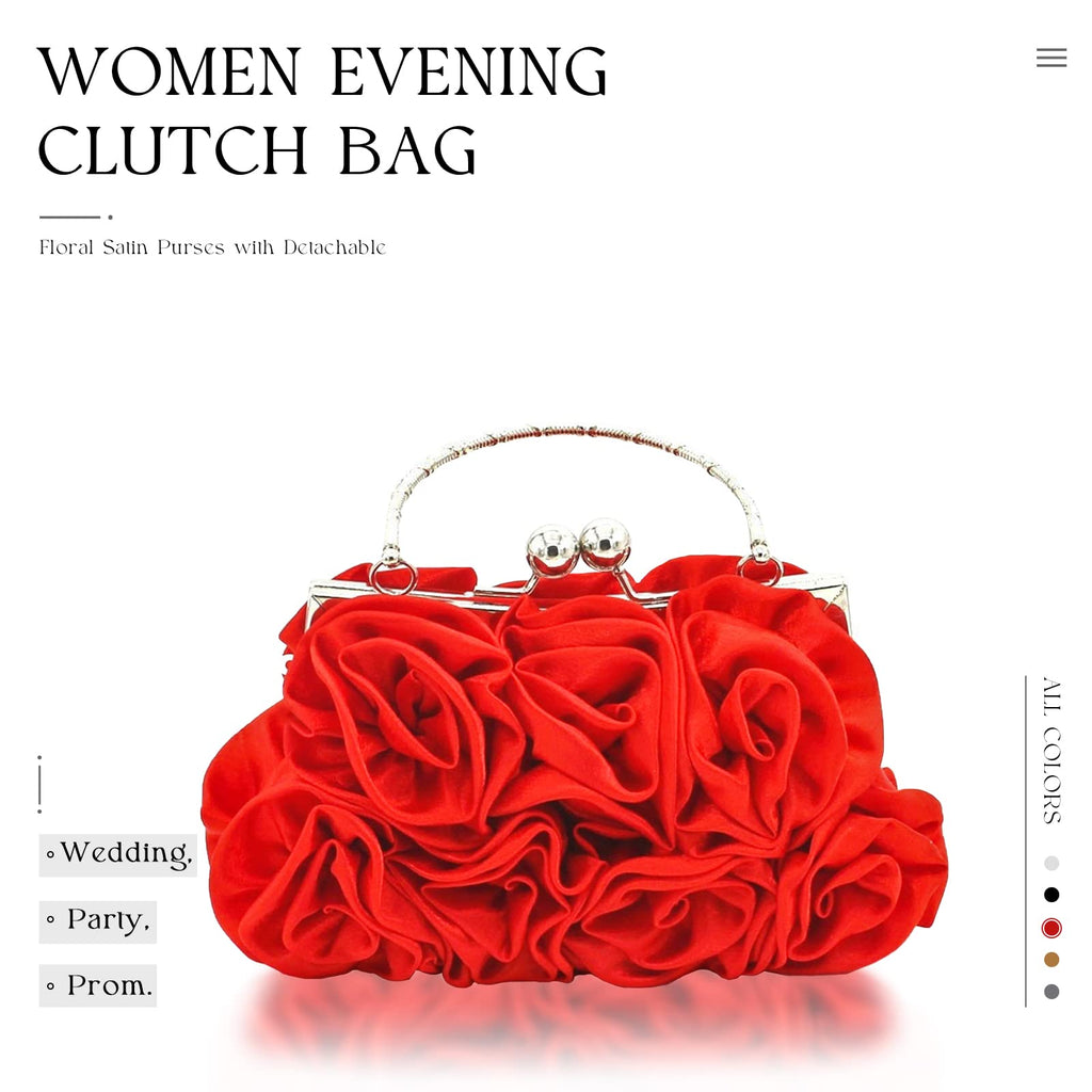 JAMBHALA Women Evening Clutch Bag Floral Satin Small Purses with Detachable Strap for Wedding, Party, Prom