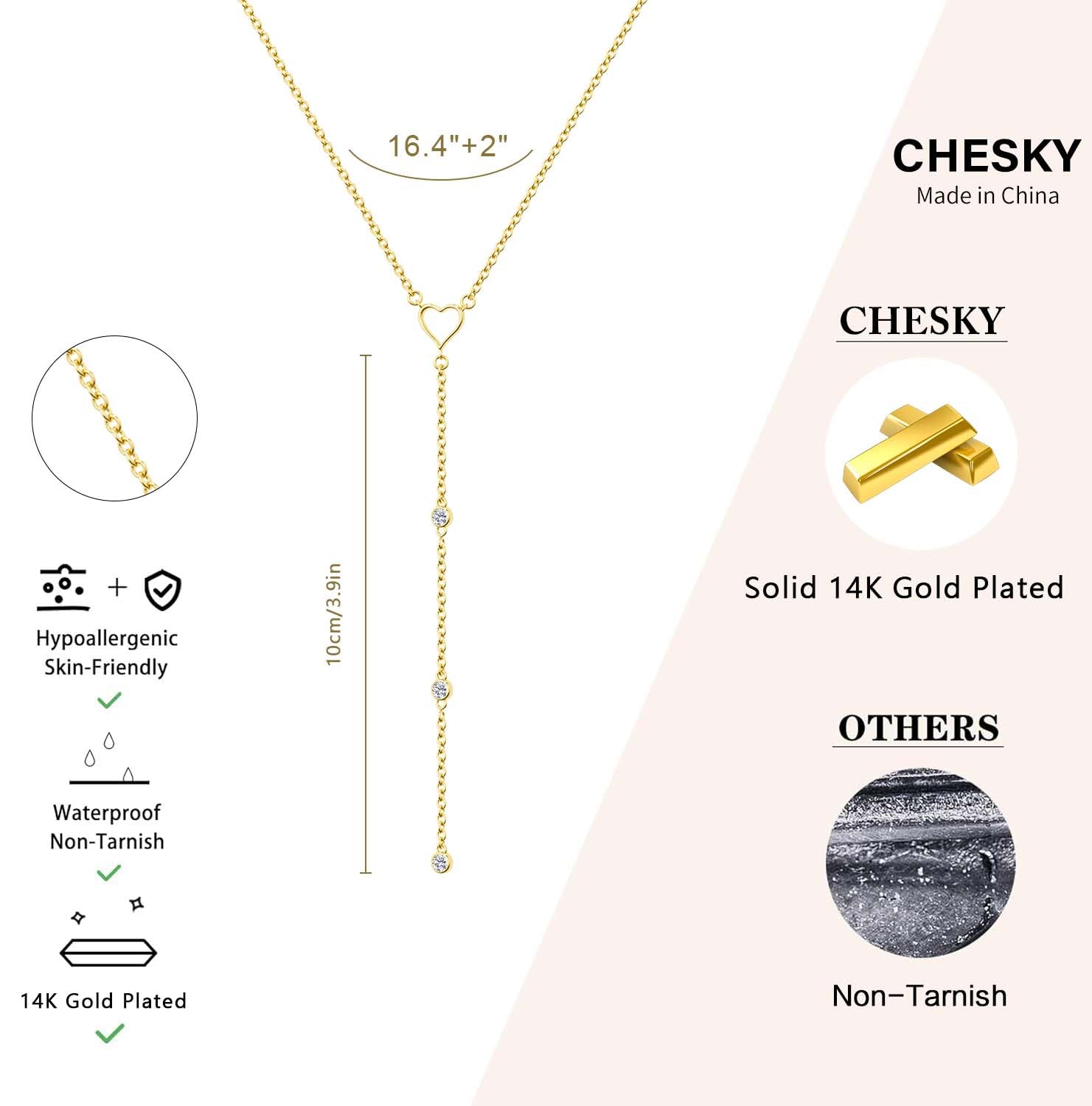 CHESKY Lariat Gold Necklace for Women, Dainty Long Necklace 14k Gold Plated Y-Shaped Pendant Necklace Trendy Layered CZ Beaded Chain Drop Necklaces Simple Gold Jewelry for Women Gifts