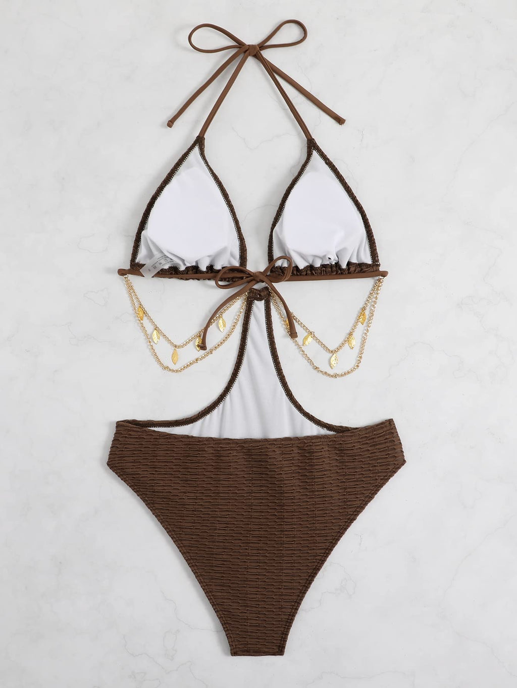OYOANGLE Women's Chain Linked Cut Out Halter One Piece Swimsuit Tummy Control Bathing Suit