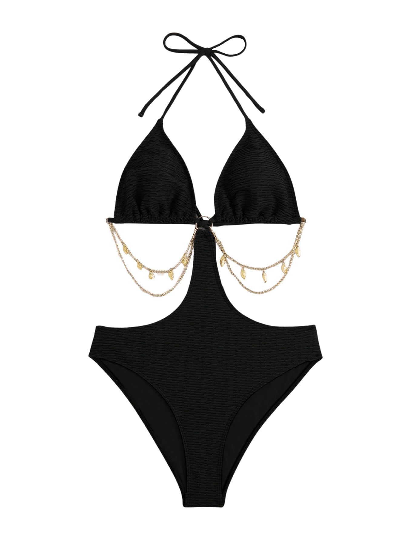OYOANGLE Women's Chain Linked Cut Out Halter One Piece Swimsuit Tummy Control Bathing Suit