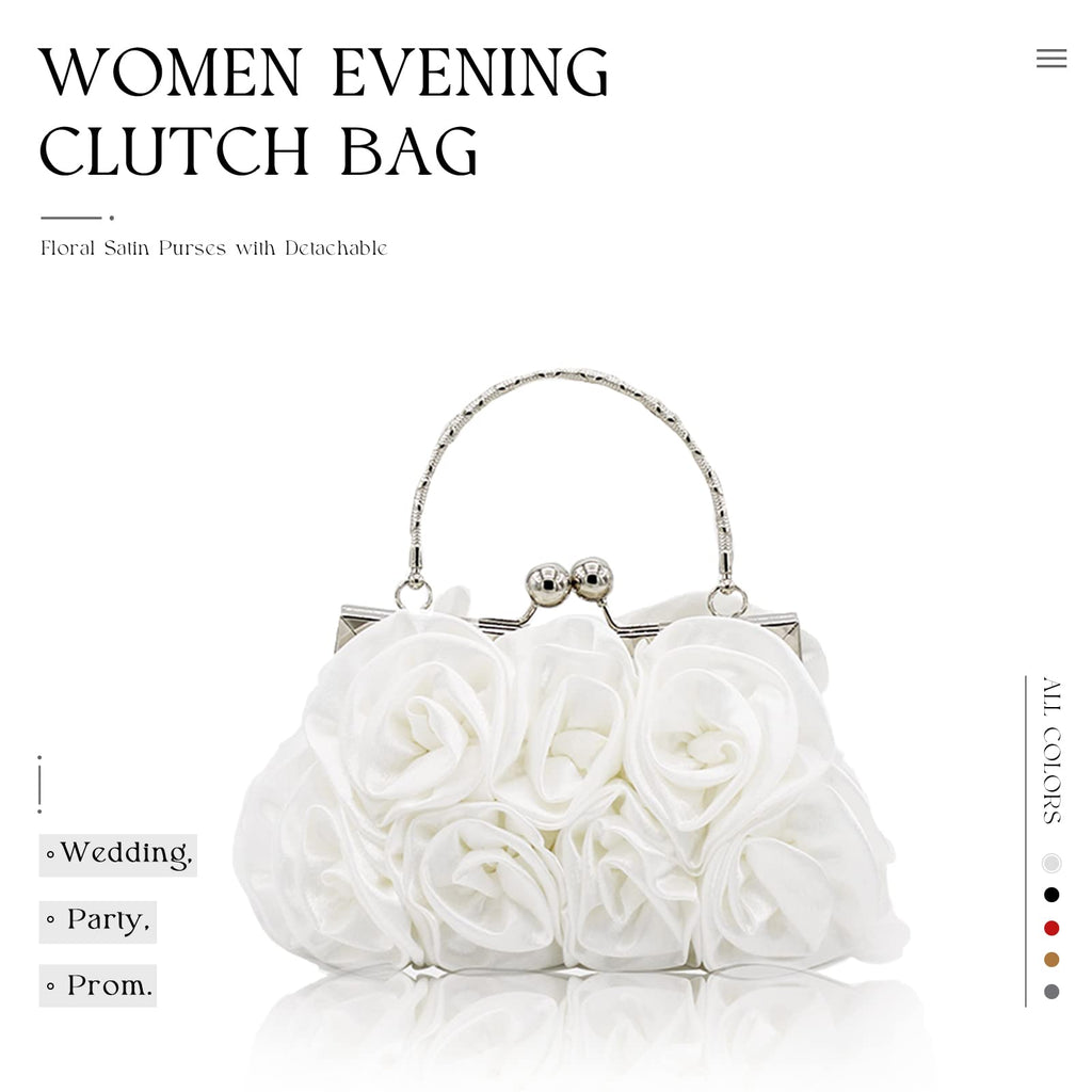 JAMBHALA Women Evening Clutch Bag Floral Satin Small Purses with Detachable Strap for Wedding, Party, Prom