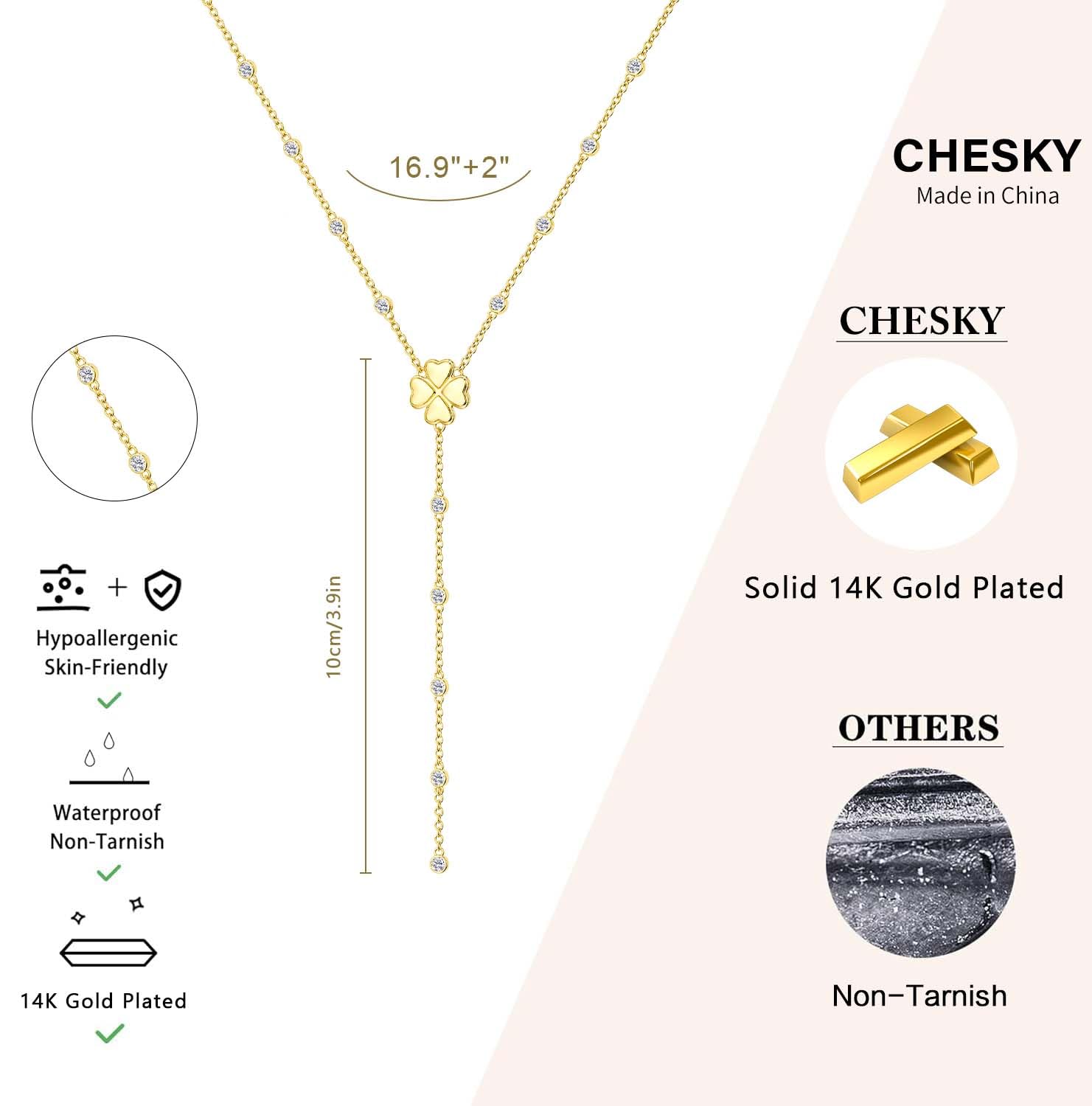 CHESKY Lariat Gold Necklace for Women, Dainty Long Necklace 14k Gold Plated Y-Shaped Pendant Necklace Trendy Layered CZ Beaded Chain Drop Necklaces Simple Gold Jewelry for Women Gifts