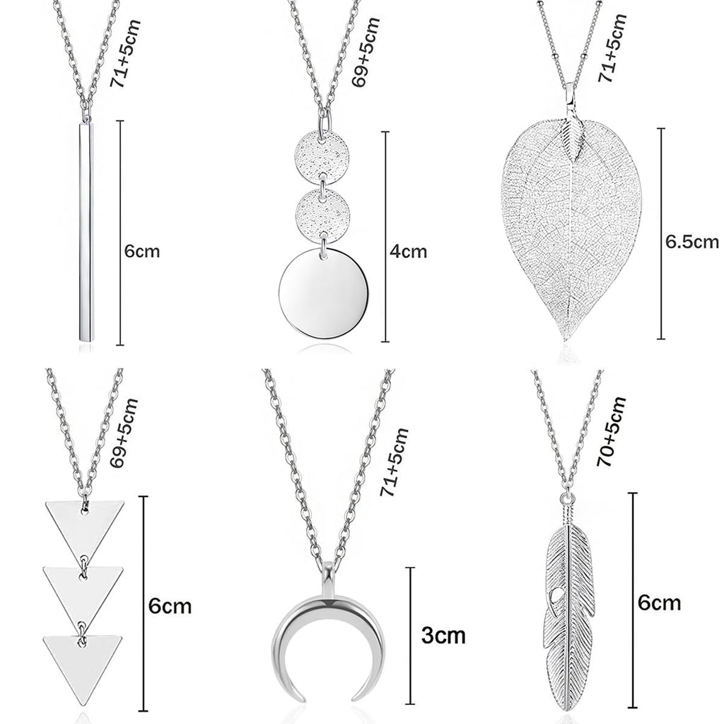 Long Necklaces for Women - Fashion Pendant Necklace Jewelry, Silver Bar Feather Circle Leaf Lock Tassel Y Necklace Jewelry Set for Girls