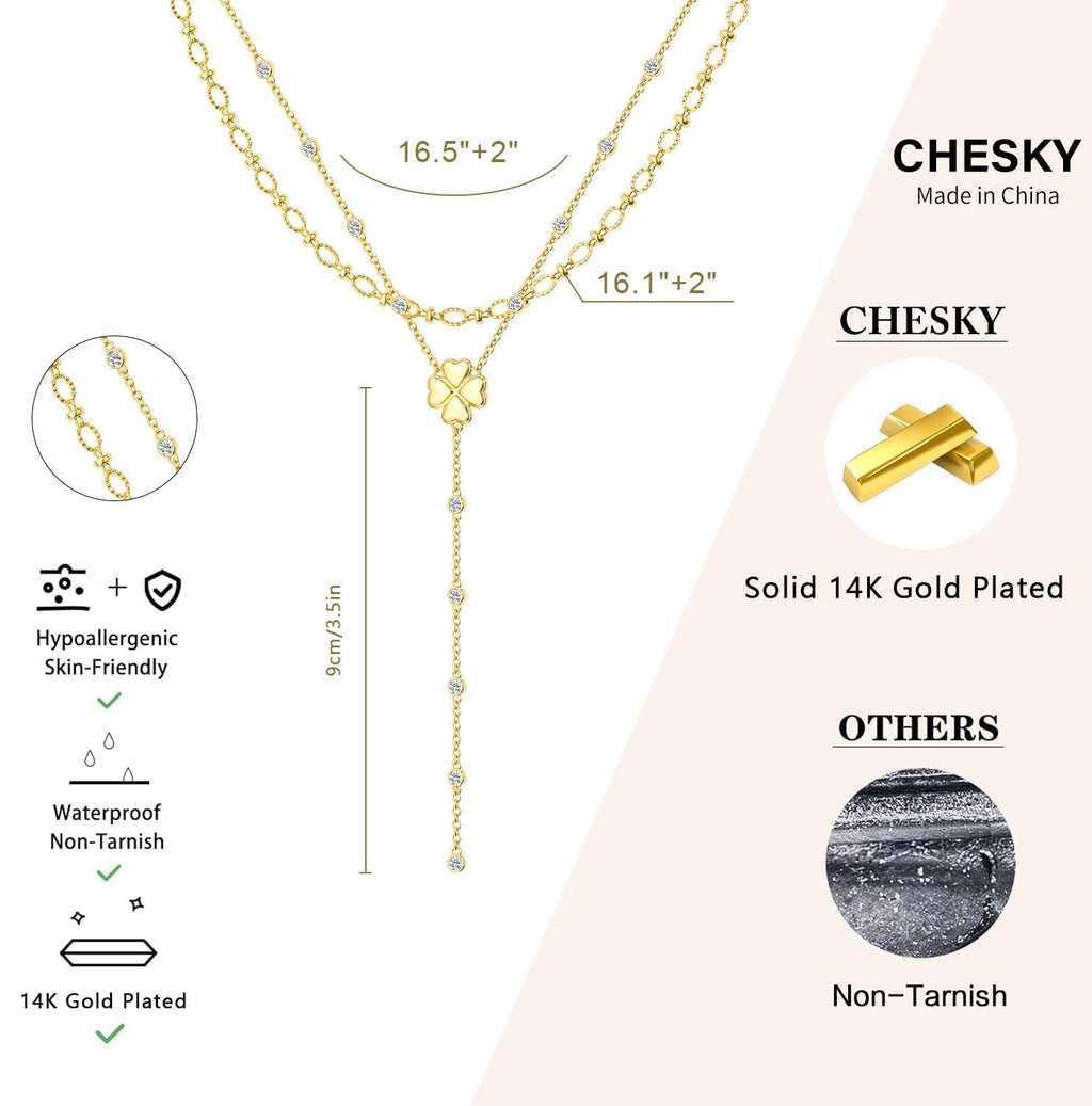 CHESKY Lariat Gold Necklace for Women, Dainty Long Necklace 14k Gold Plated Y-Shaped Pendant Necklace Trendy Layered CZ Beaded Chain Drop Necklaces Simple Gold Jewelry for Women Gifts