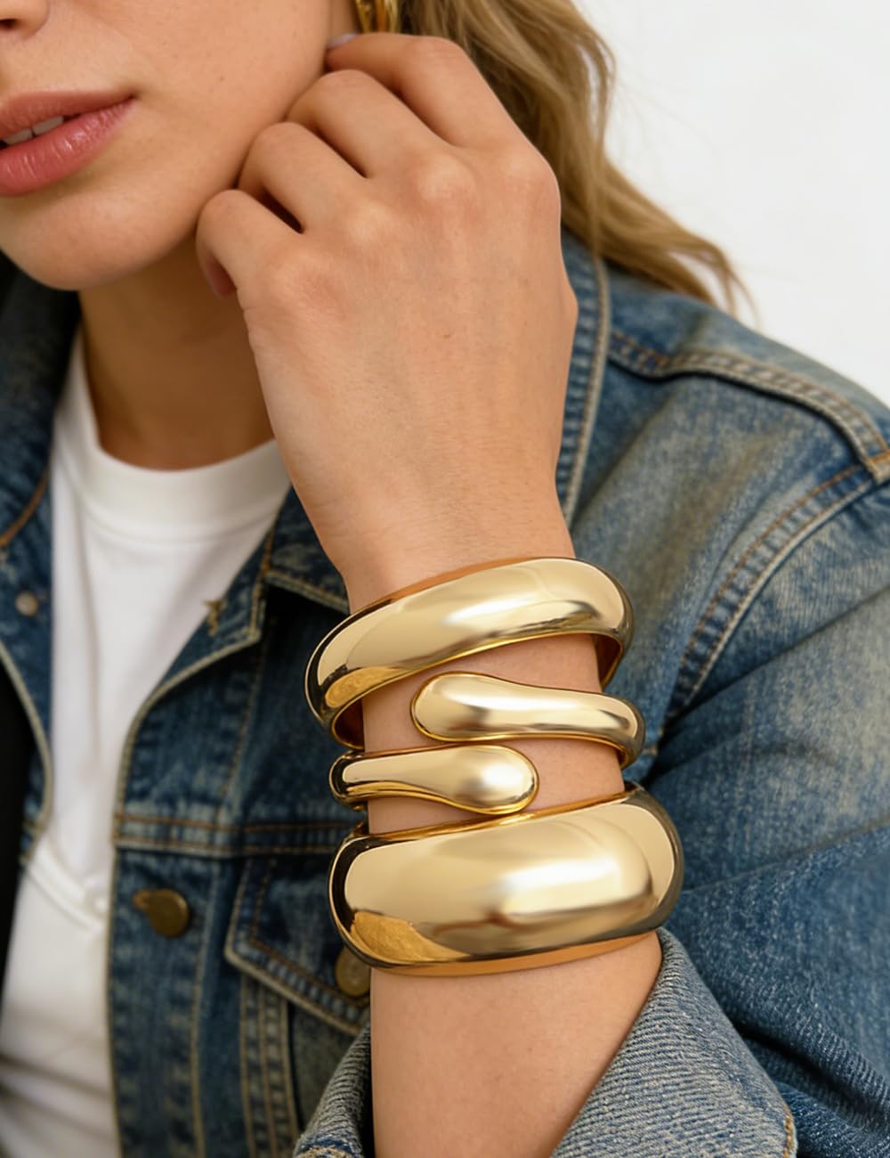 Chunky Gold Bangle Bracelets for Women, Dainty 14k Gold Plated Big Stackable Bangles Set, Trendy Statement Cuff Bracelet Stack Fashion Jewelry Gifts