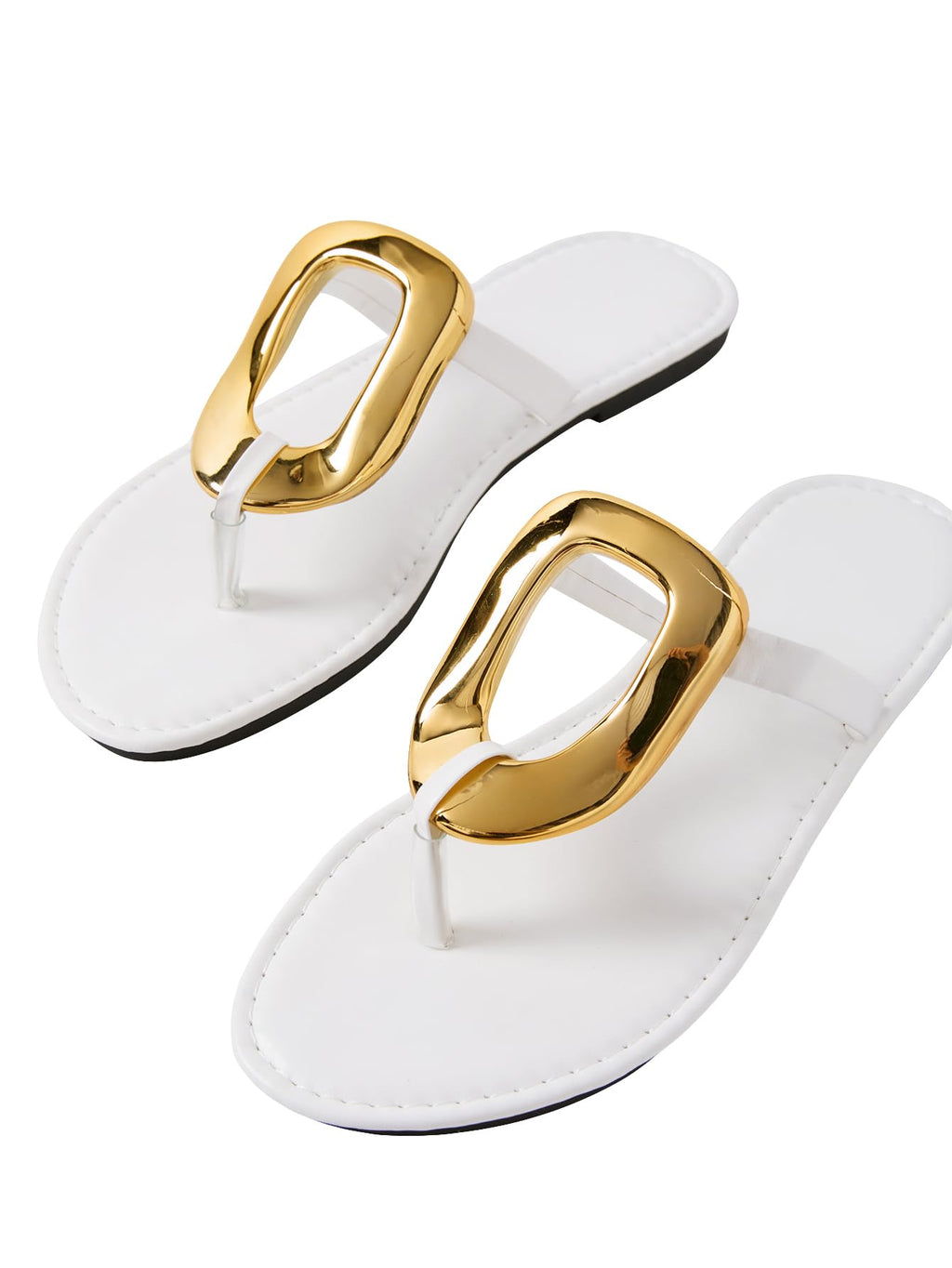 OYOANGLE Women's Metal Ring Flip Flops Metallic Open Toe Comfy Vacation Dressy Slide Sandals