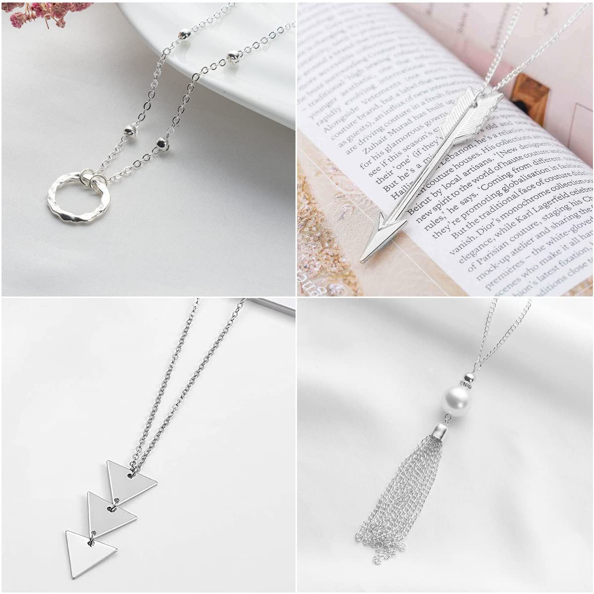 Long Necklaces for Women - Fashion Pendant Necklace Jewelry, Silver Bar Feather Circle Leaf Lock Tassel Y Necklace Jewelry Set for Girls