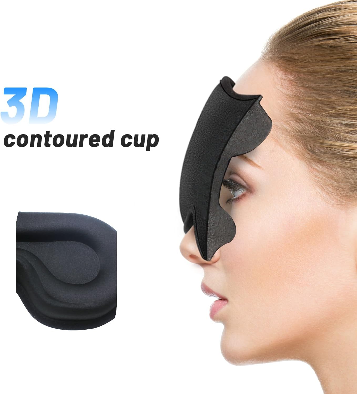3D contoured cup of The Lash Lover’s Dream | Contoured Side-Sleeper Mask displayed on a model, highlighting its no-pressure eye design.