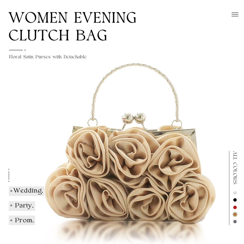 JAMBHALA Women Evening Clutch Bag Floral Satin Small Purses with Detachable Strap for Wedding, Party, Prom