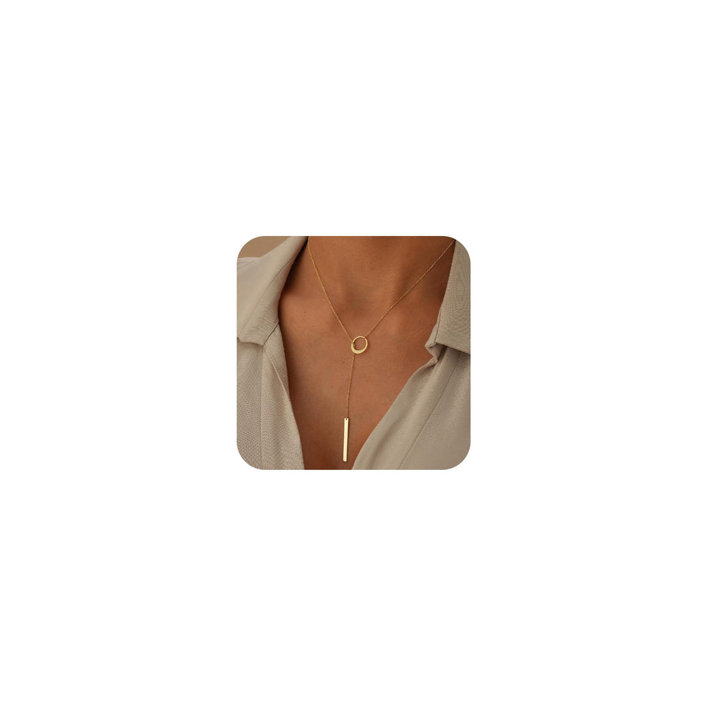 CHESKY Lariat Gold Necklace for Women, Dainty Long Necklace 14k Gold Plated Y-Shaped Pendant Necklace Trendy Layered CZ Beaded Chain Drop Necklaces Simple Gold Jewelry for Women Gifts