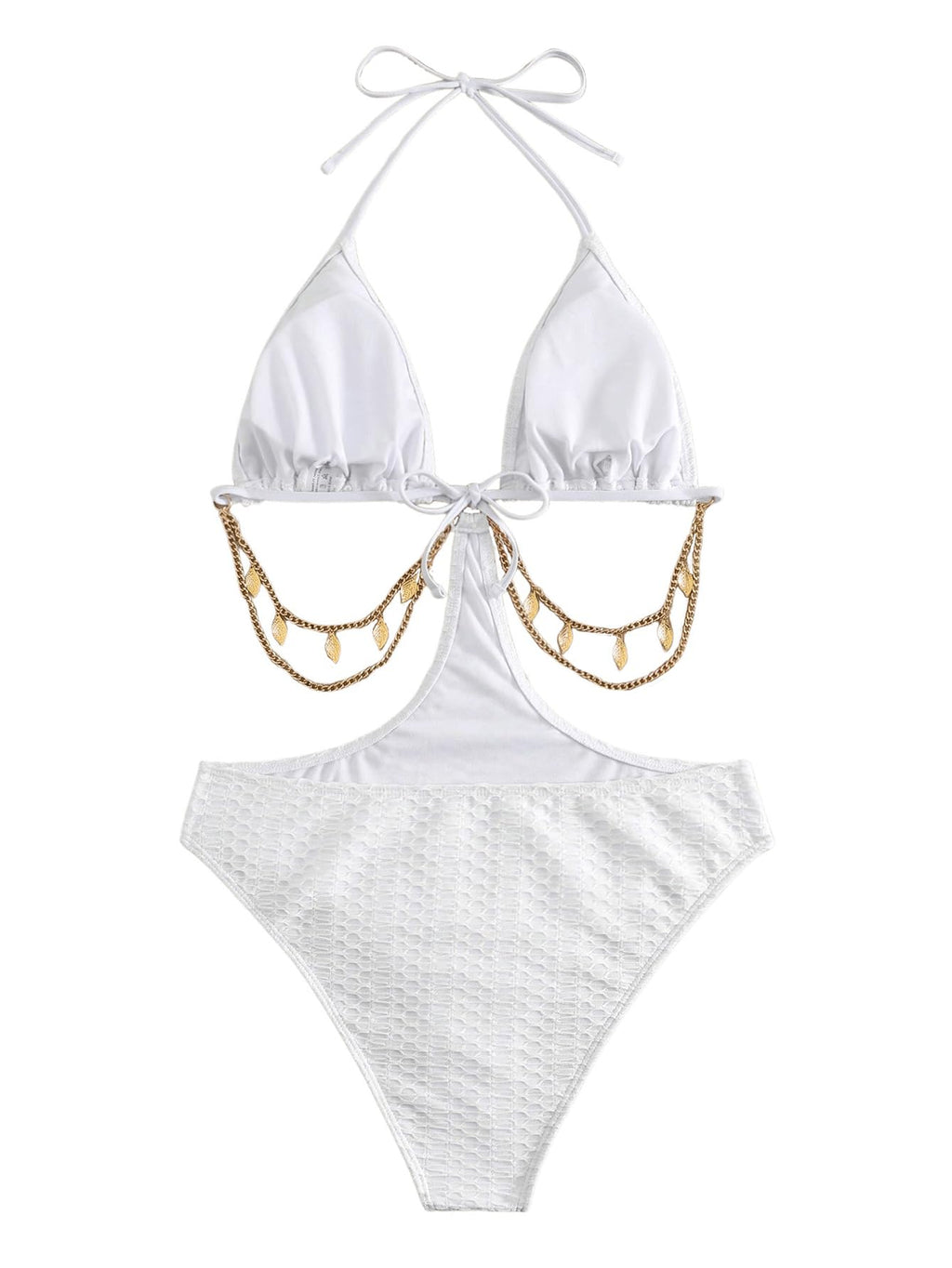OYOANGLE Women's Chain Linked Cut Out Halter One Piece Swimsuit Tummy Control Bathing Suit