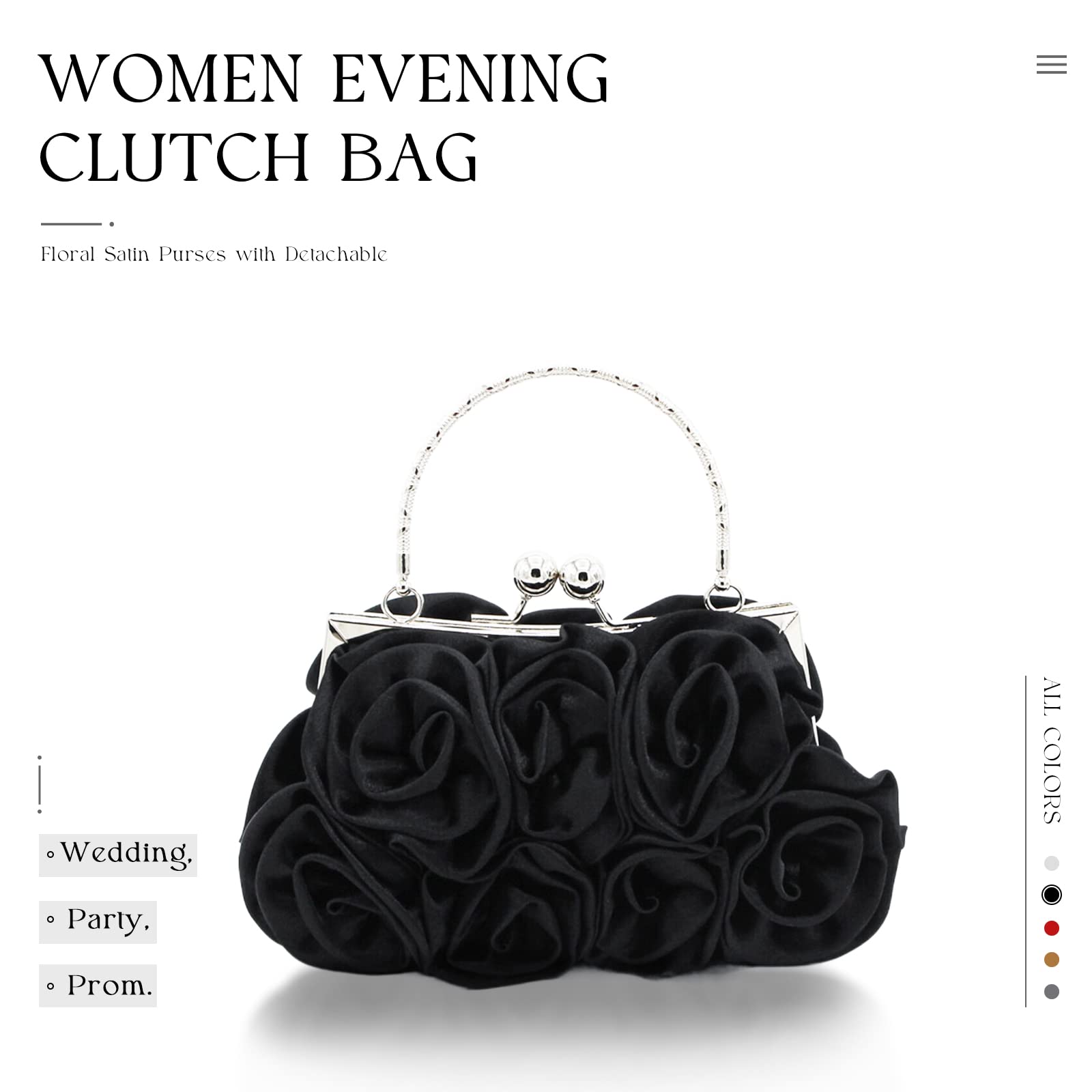 JAMBHALA Women Evening Clutch Bag Floral Satin Small Purses with Detachable Strap for Wedding, Party, Prom