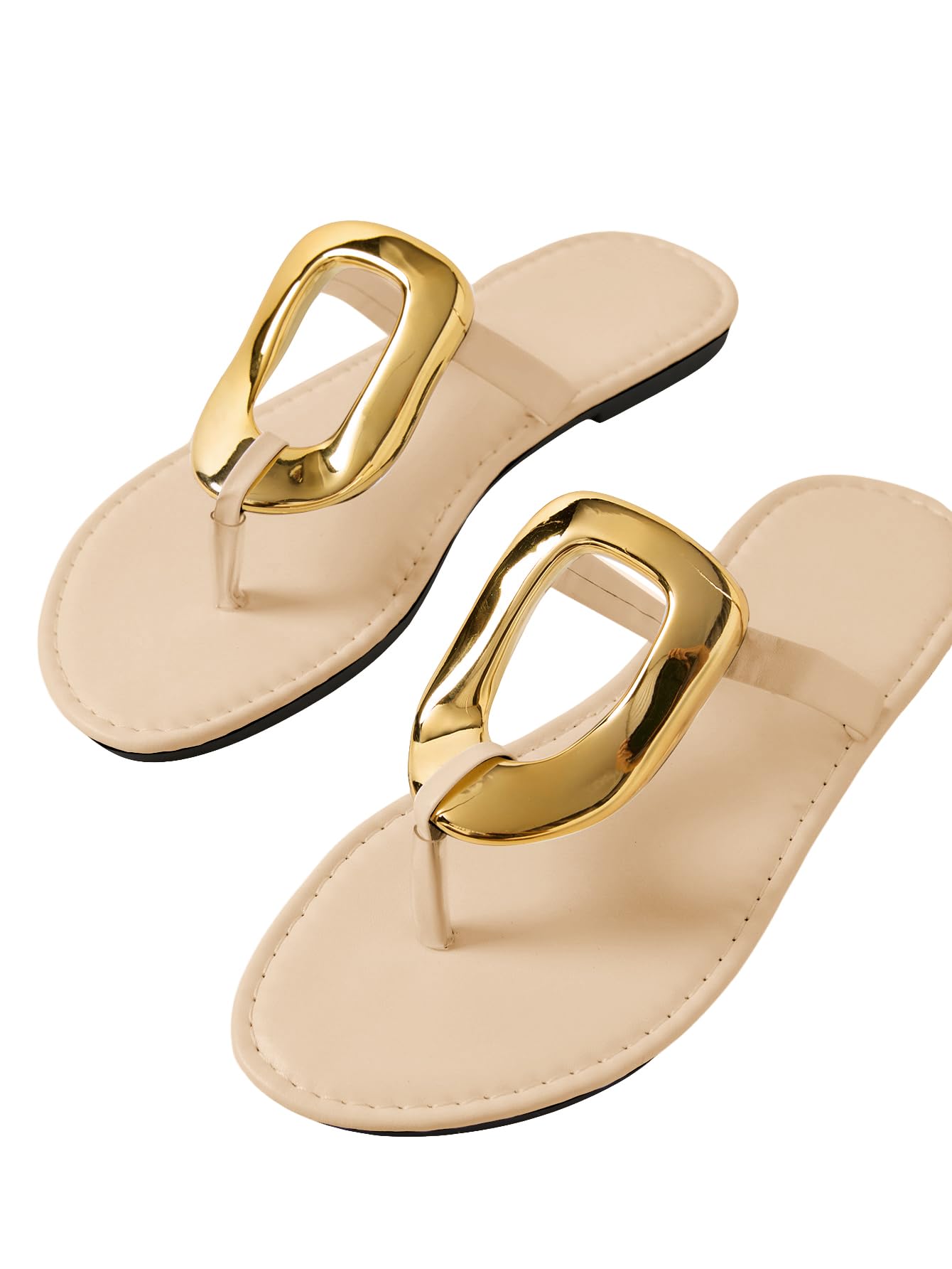 OYOANGLE Women's Metal Ring Flip Flops Metallic Open Toe Comfy Vacation Dressy Slide Sandals