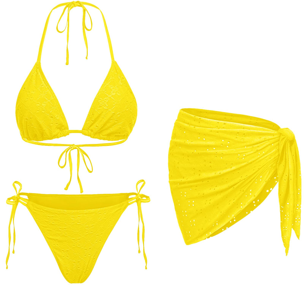 Women 3 Piece Swimsuits - Sexy Triangle Bikini Sets with Cover Up Halter String Tie Side Bathing Suits