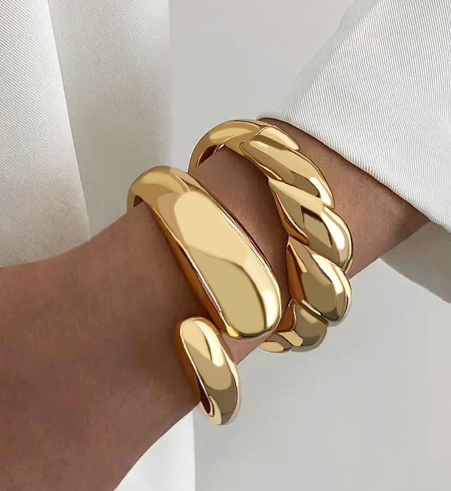 Chunky Gold Bangle Bracelets for Women, Dainty 14k Gold Plated Big Stackable Bangles Set, Trendy Statement Cuff Bracelet Stack Fashion Jewelry Gifts