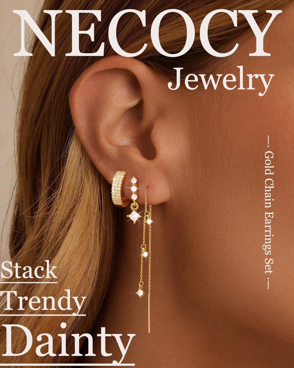 NECOCY 14K Gold Plated Chain Earrings for Women 3/4 Pairs Dangle Dainty Stack Hoop Earrings Set Trendy Cubic Zirconia Stud Earrings for Women Jewelry