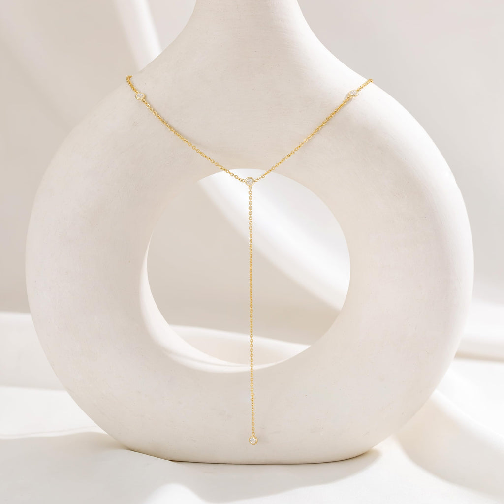 CHESKY Lariat Gold Necklace for Women, Dainty Long Necklace 14k Gold Plated Y-Shaped Pendant Necklace Trendy Layered CZ Beaded Chain Drop Necklaces Simple Gold Jewelry for Women Gifts