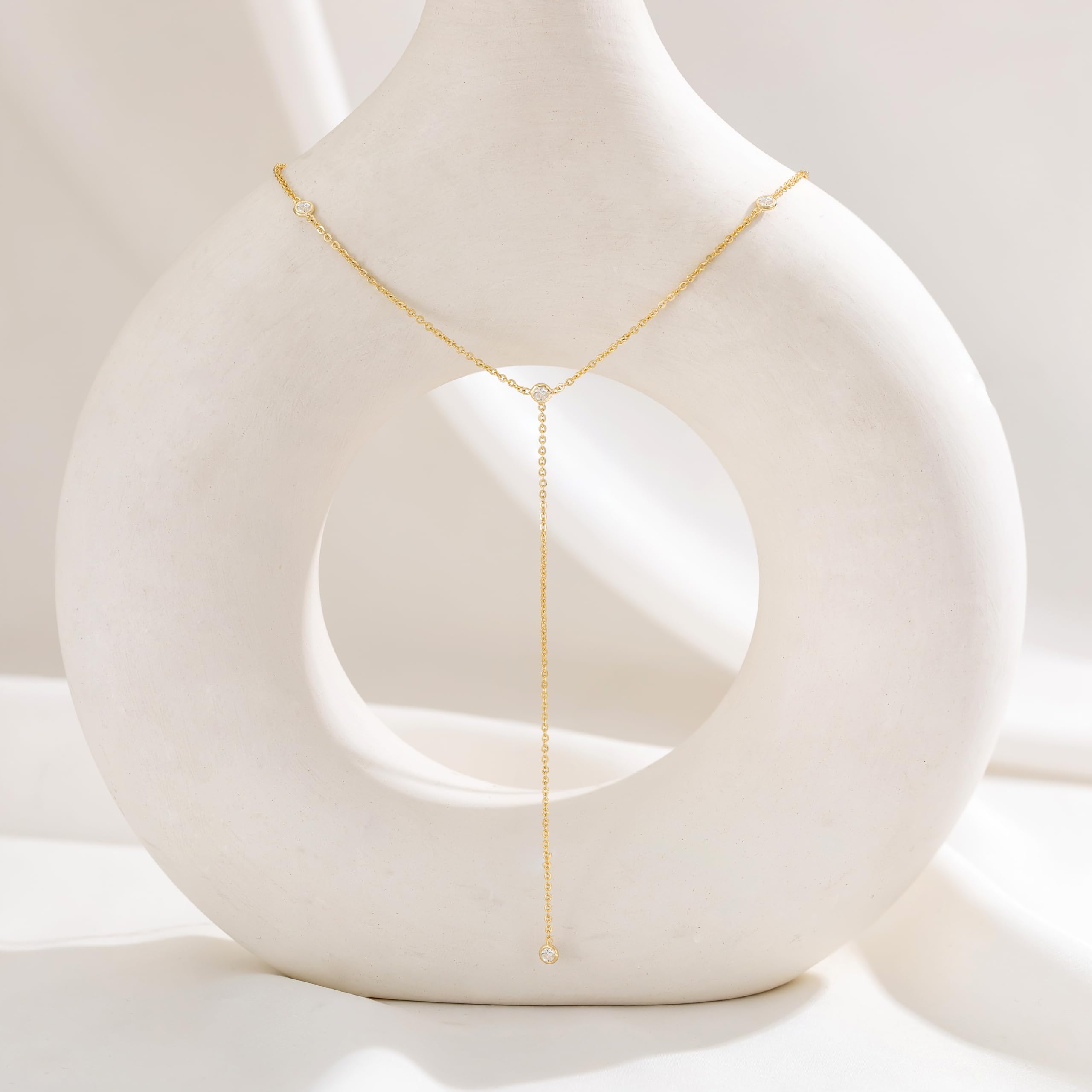 CHESKY Lariat Gold Necklace for Women, Dainty Long Necklace 14k Gold Plated Y-Shaped Pendant Necklace Trendy Layered CZ Beaded Chain Drop Necklaces Simple Gold Jewelry for Women Gifts