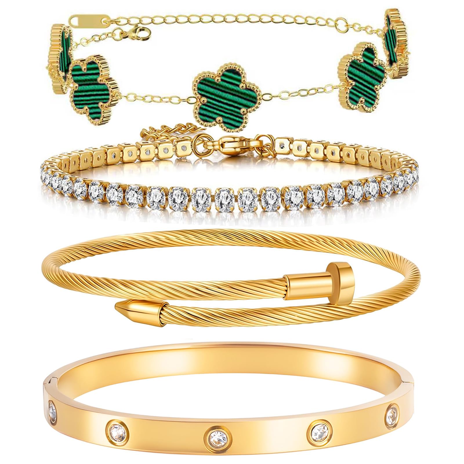18K Gold Plated Womens Stackable Floral Bracelets Set,Twisted Cable Bangle,Trendy Jewelry,Waterproof adjustable bracelet,Christmas Birthday Gifts for Girlfriend or Mother.