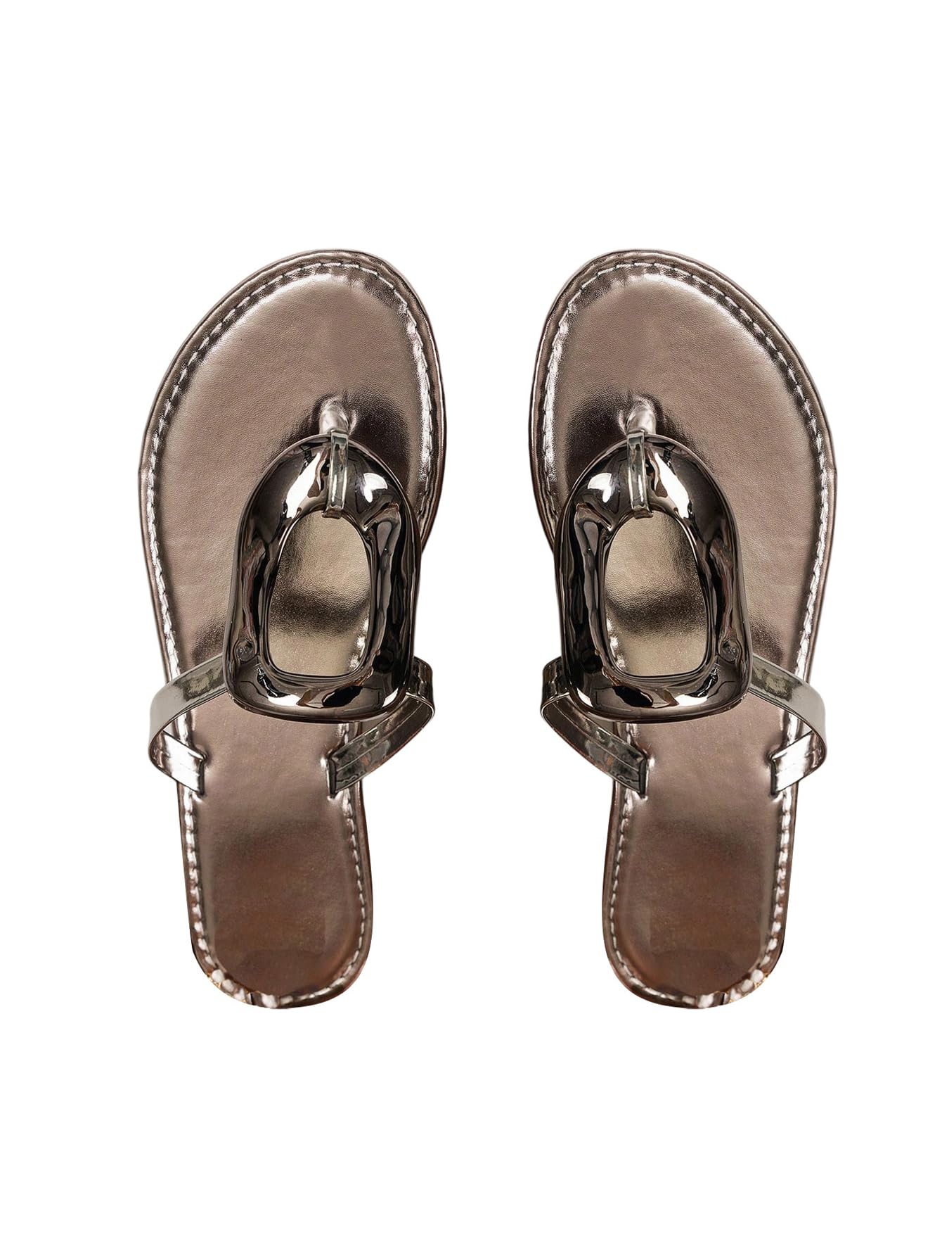 OYOANGLE Women's Metal Ring Flip Flops Metallic Open Toe Comfy Vacation Dressy Slide Sandals