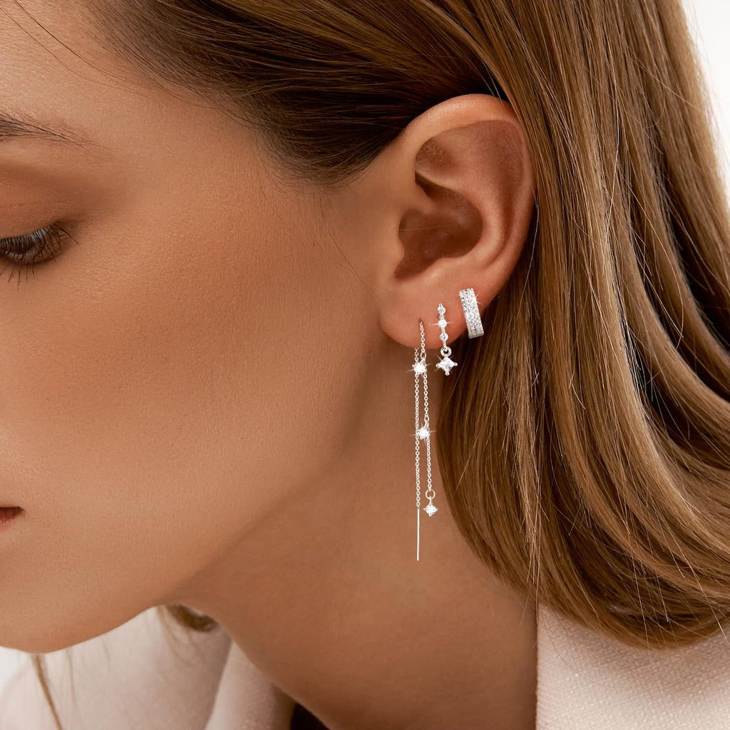 NECOCY 14K Gold Plated Chain Earrings for Women 3/4 Pairs Dangle Dainty Stack Hoop Earrings Set Trendy Cubic Zirconia Stud Earrings for Women Jewelry