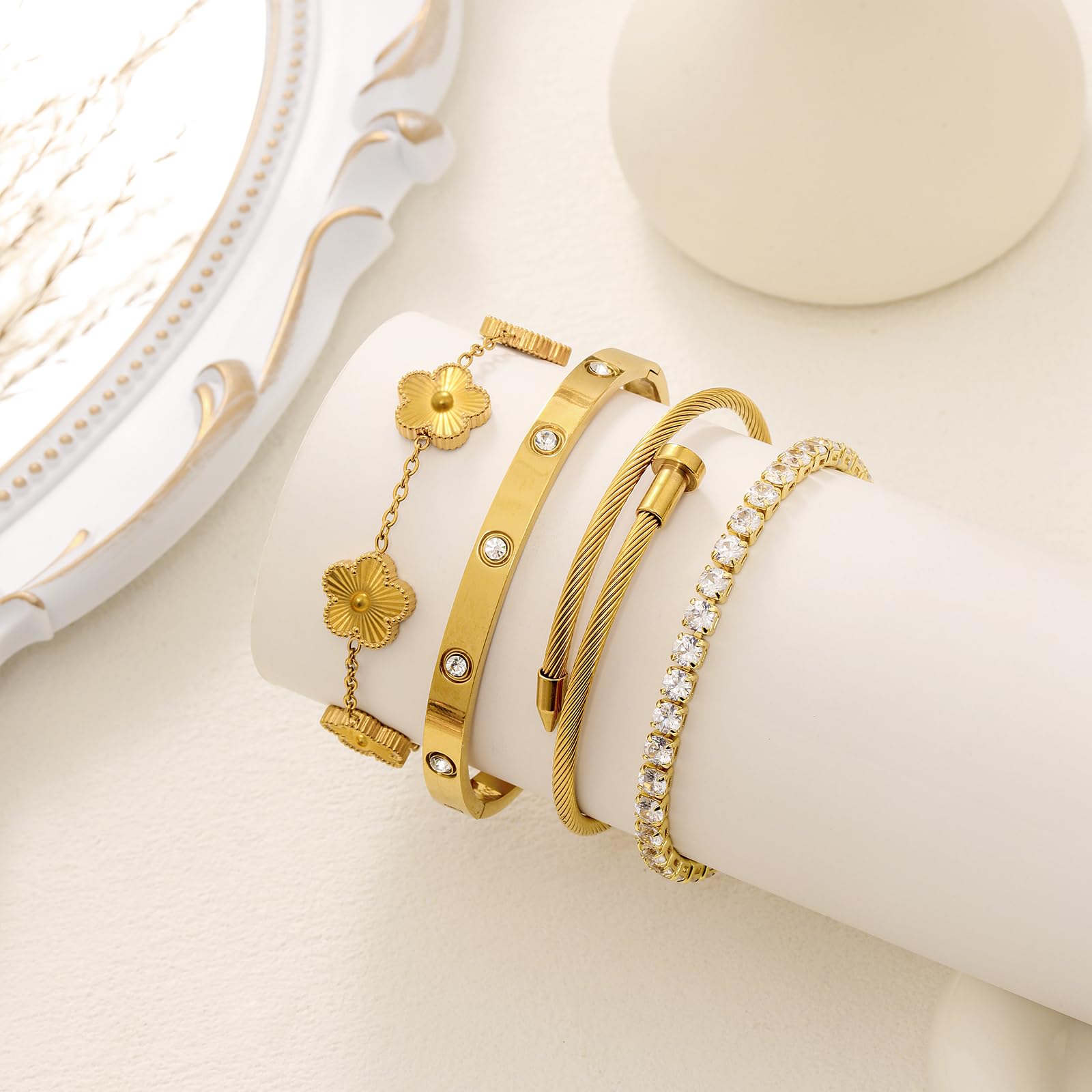 18K Gold Plated Womens Stackable Floral Bracelets Set,Twisted Cable Bangle,Trendy Jewelry,Waterproof adjustable bracelet,Christmas Birthday Gifts for Girlfriend or Mother.