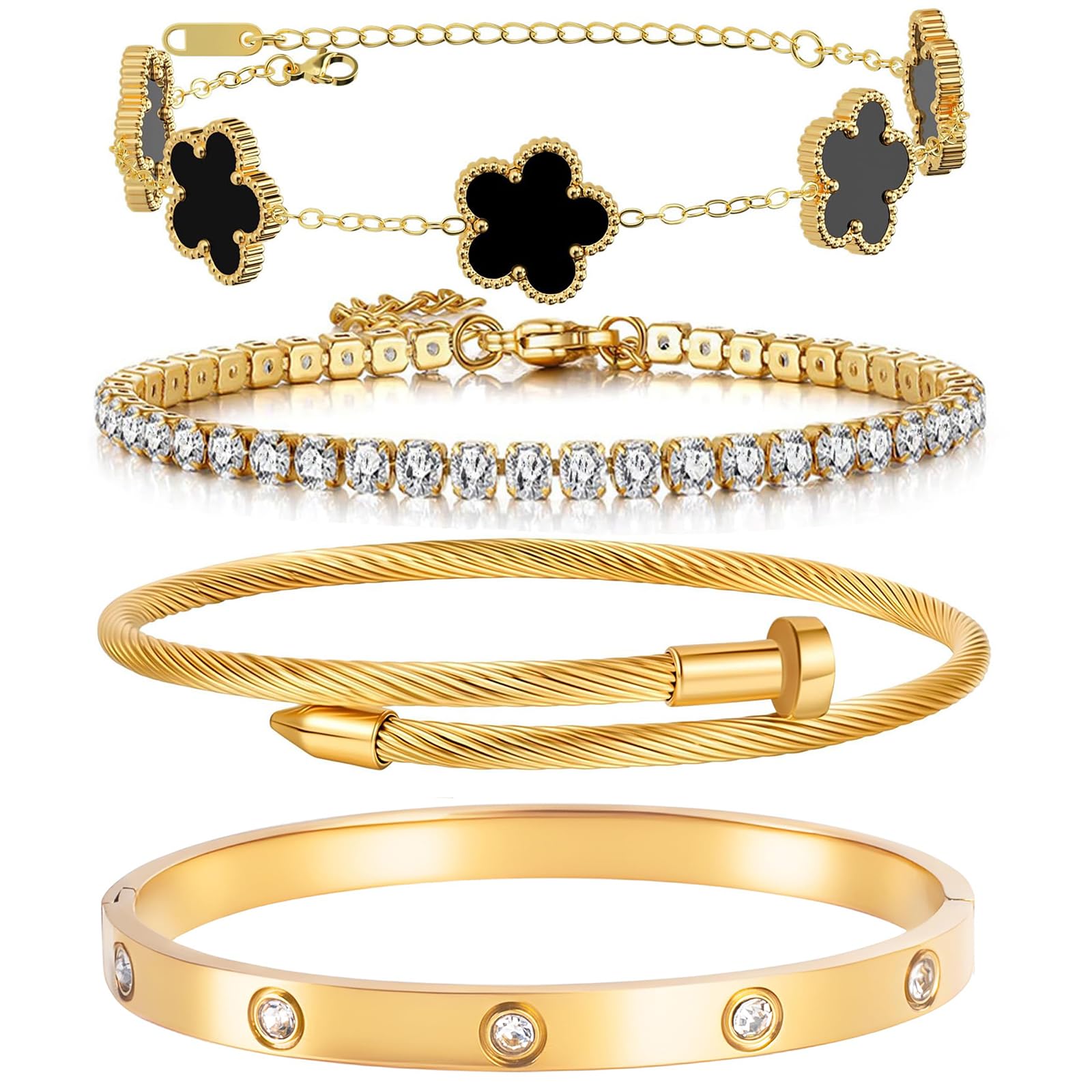 18K Gold Plated Womens Stackable Floral Bracelets Set,Twisted Cable Bangle,Trendy Jewelry,Waterproof adjustable bracelet,Christmas Birthday Gifts for Girlfriend or Mother.