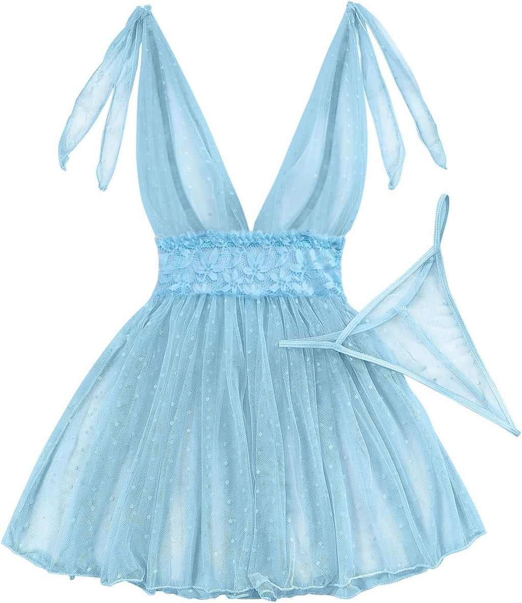 The Sultry Allure | Exotic Mesh Babydoll Deep V-Neckline with Lace Embroidery

