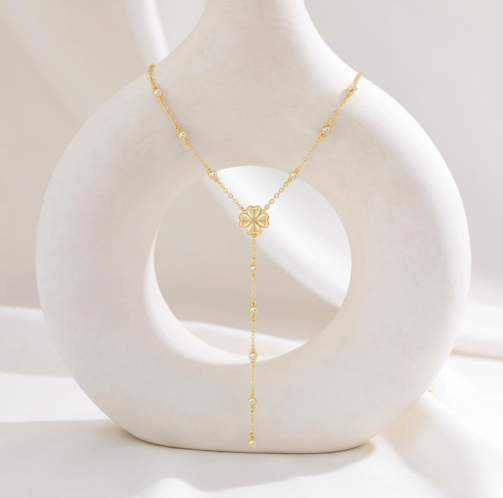 CHESKY Lariat Gold Necklace for Women, Dainty Long Necklace 14k Gold Plated Y-Shaped Pendant Necklace Trendy Layered CZ Beaded Chain Drop Necklaces Simple Gold Jewelry for Women Gifts