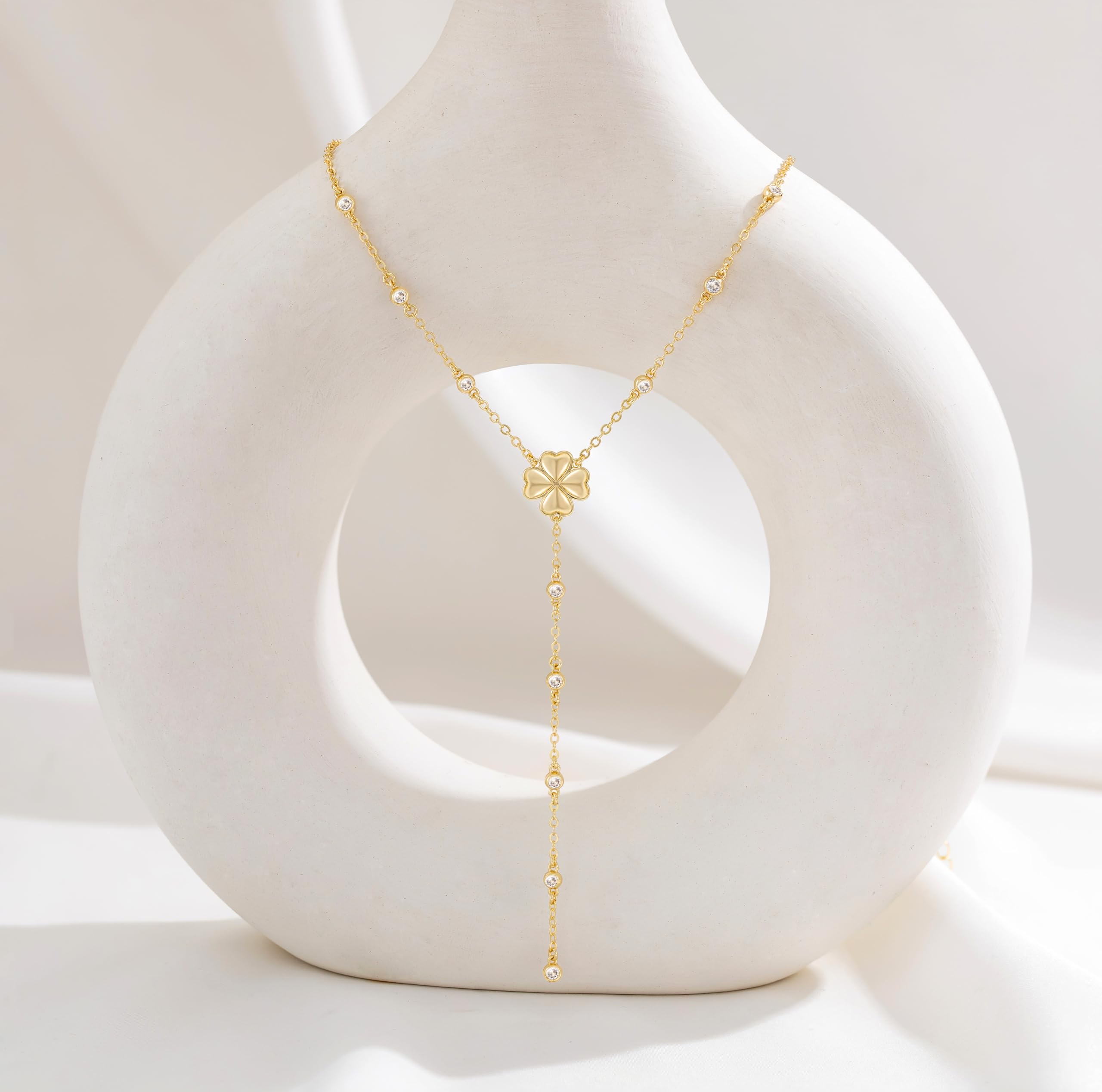 CHESKY Lariat Gold Necklace for Women, Dainty Long Necklace 14k Gold Plated Y-Shaped Pendant Necklace Trendy Layered CZ Beaded Chain Drop Necklaces Simple Gold Jewelry for Women Gifts