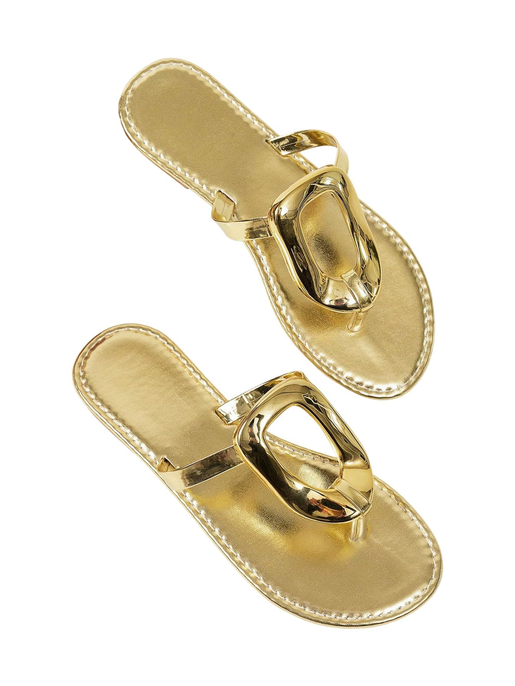 OYOANGLE Women's Metal Ring Flip Flops Metallic Open Toe Comfy Vacation Dressy Slide Sandals