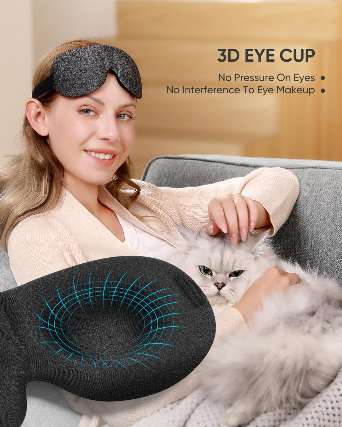 3D eye cup design of The Dream Serene Trio sleep mask offers no pressure on eyes and preserves makeup, modeled by a woman holding a cat.