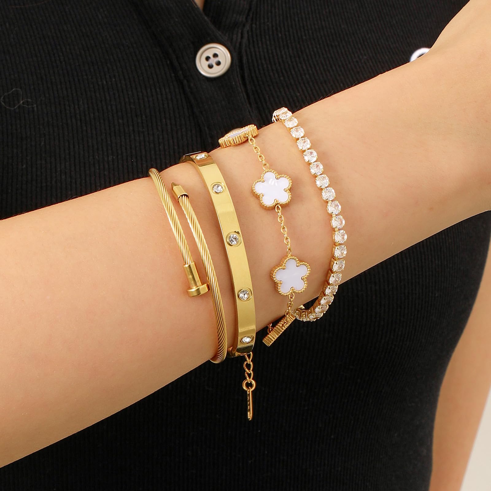 18K Gold Plated Womens Stackable Floral Bracelets Set,Twisted Cable Bangle,Trendy Jewelry,Waterproof adjustable bracelet,Christmas Birthday Gifts for Girlfriend or Mother.