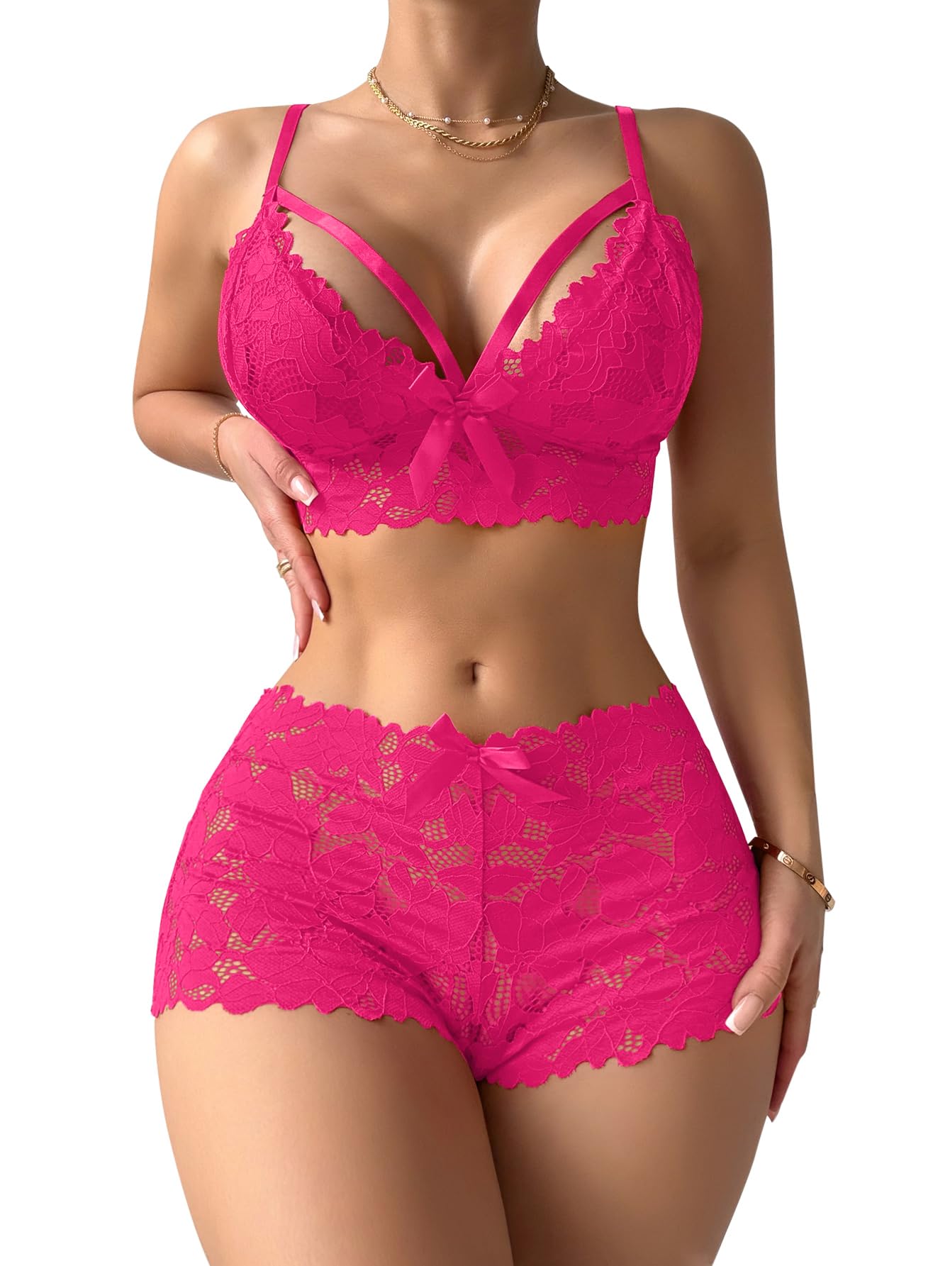 Lilosy Sexy Strappy High Waist Floral Lace Pajamas Lingerie Set Outfits