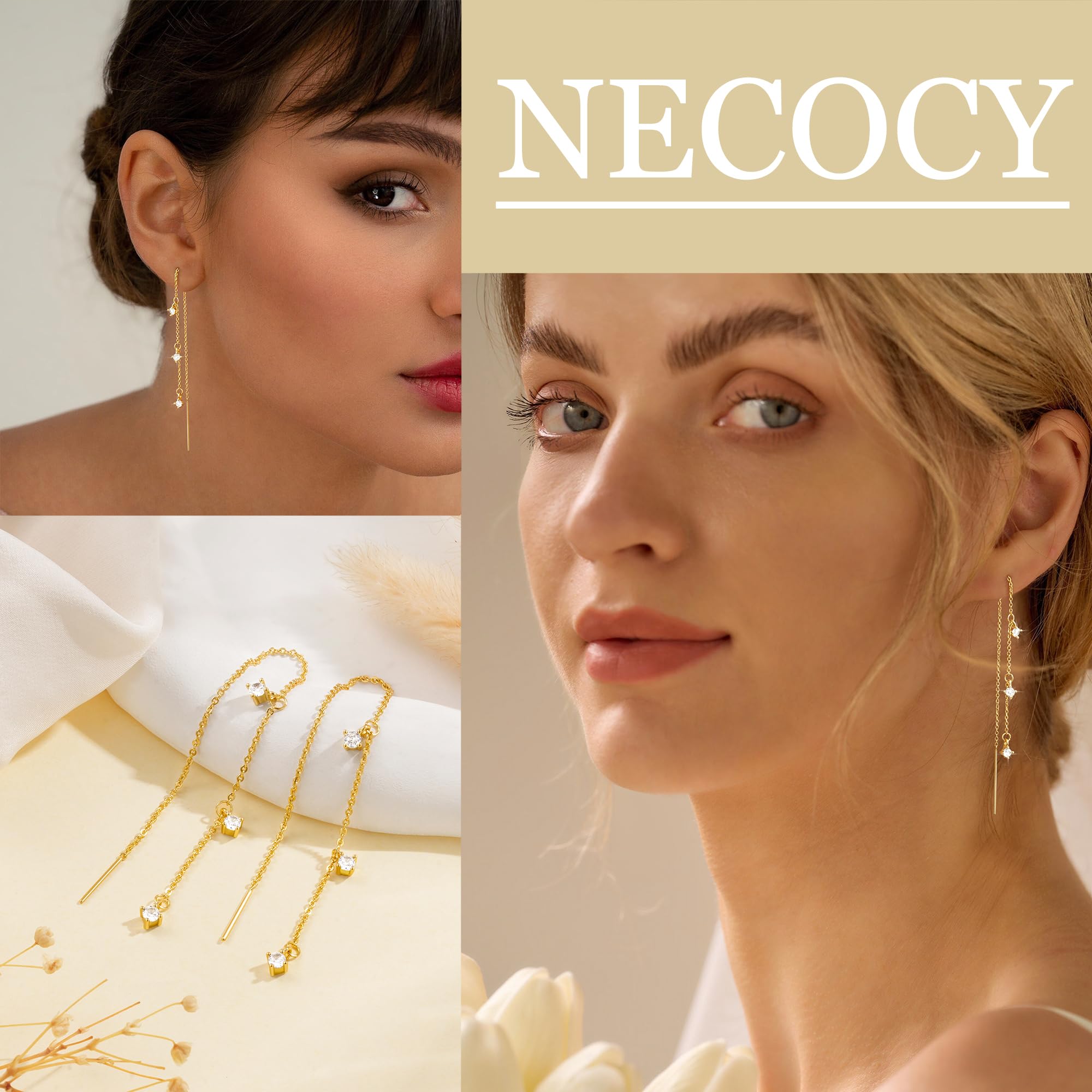 NECOCY 14K Gold Plated Chain Earrings for Women 3/4 Pairs Dangle Dainty Stack Hoop Earrings Set Trendy Cubic Zirconia Stud Earrings for Women Jewelry