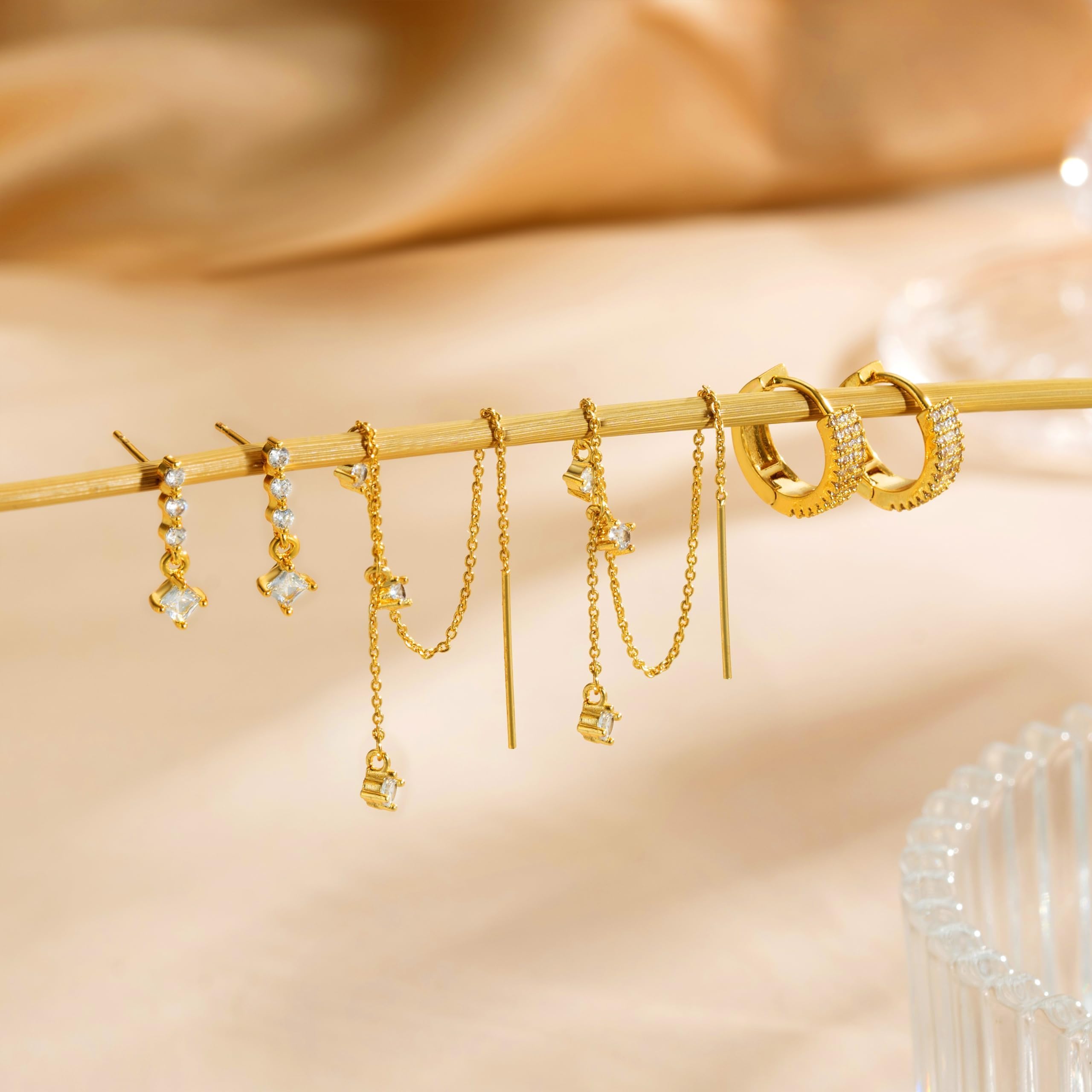 NECOCY 14K Gold Plated Chain Earrings for Women 3/4 Pairs Dangle Dainty Stack Hoop Earrings Set Trendy Cubic Zirconia Stud Earrings for Women Jewelry