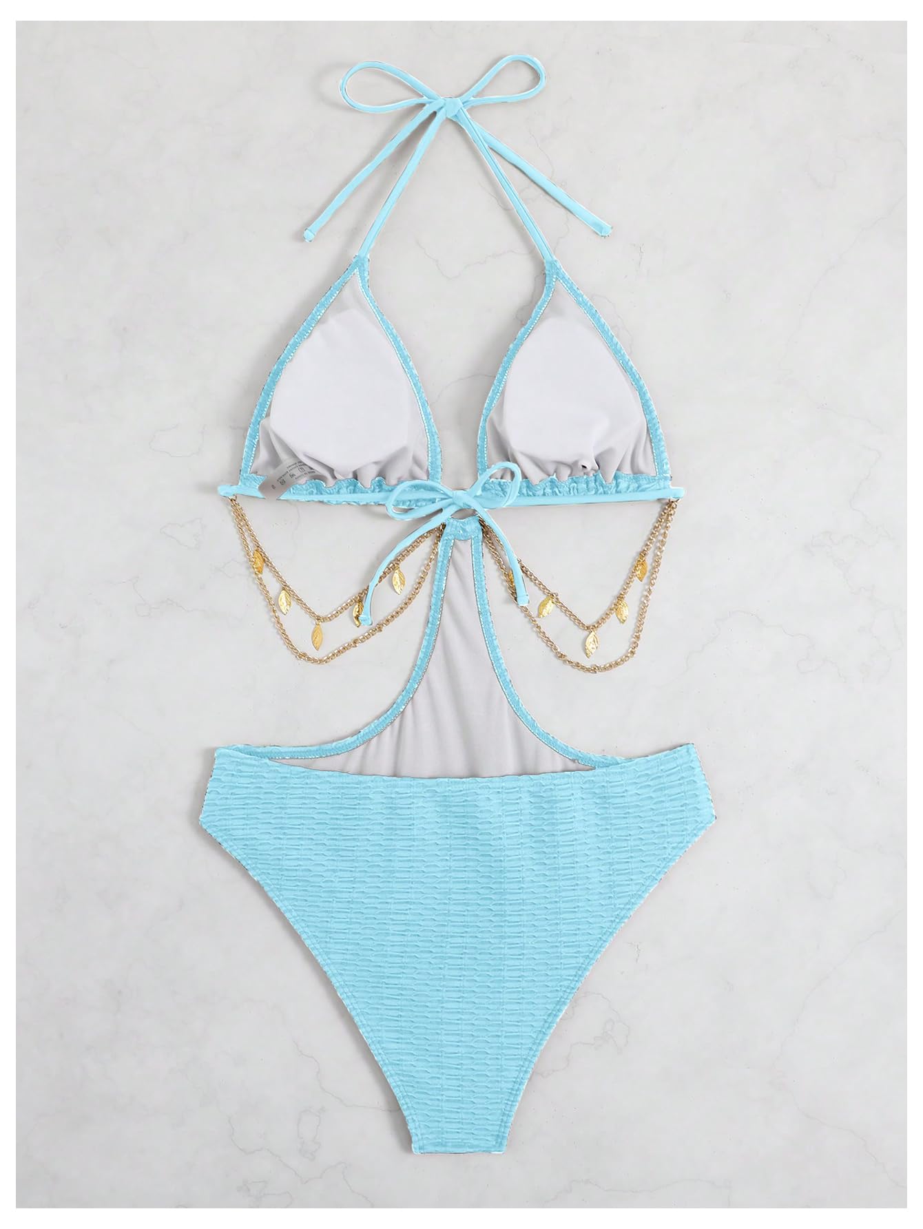 OYOANGLE Women's Chain Linked Cut Out Halter One Piece Swimsuit Tummy Control Bathing Suit